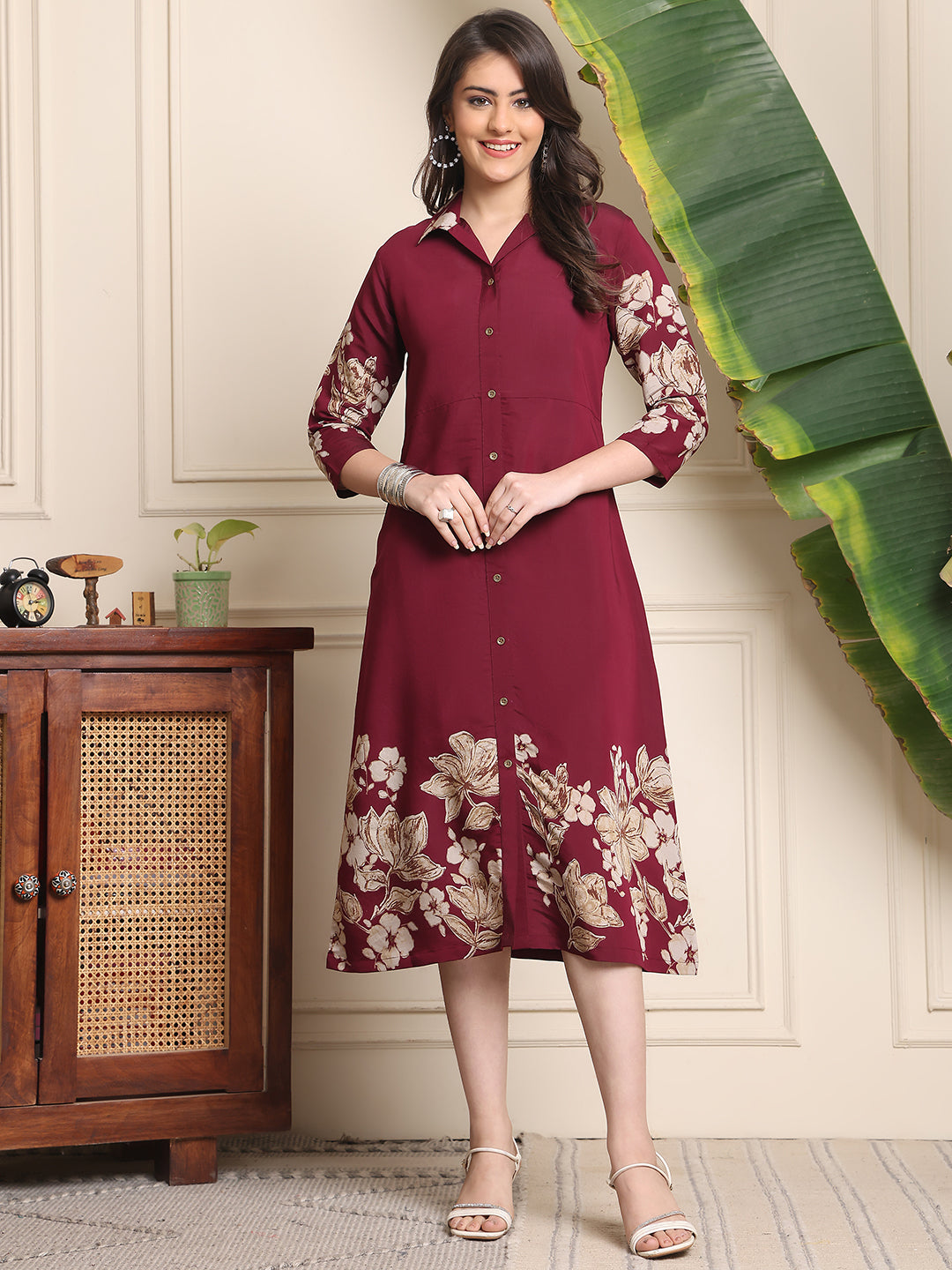 Wine Colour Floral Printed Chanderi Premium Dress For Women