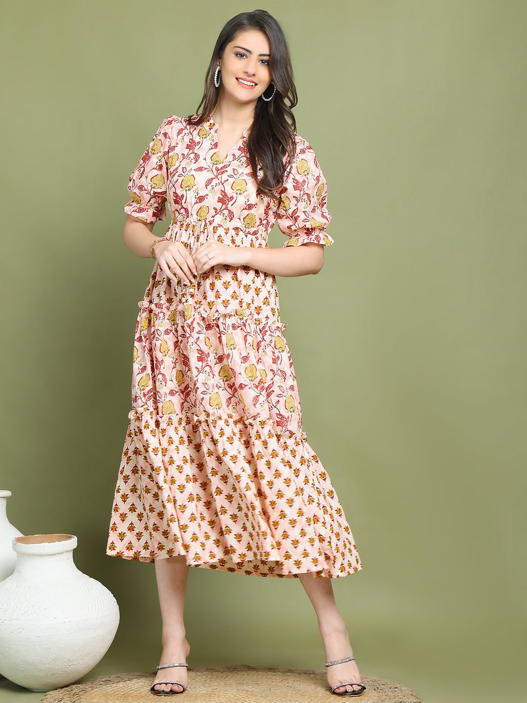 Pink Colour Floral Printed Cotton Dress For Women