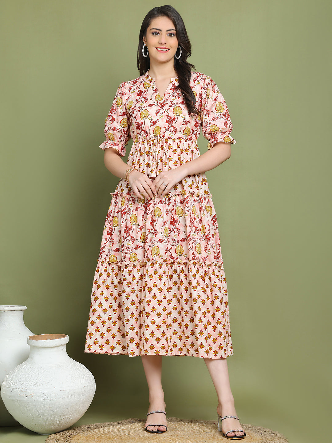 Pink Colour Floral Printed Cotton Dress For Women