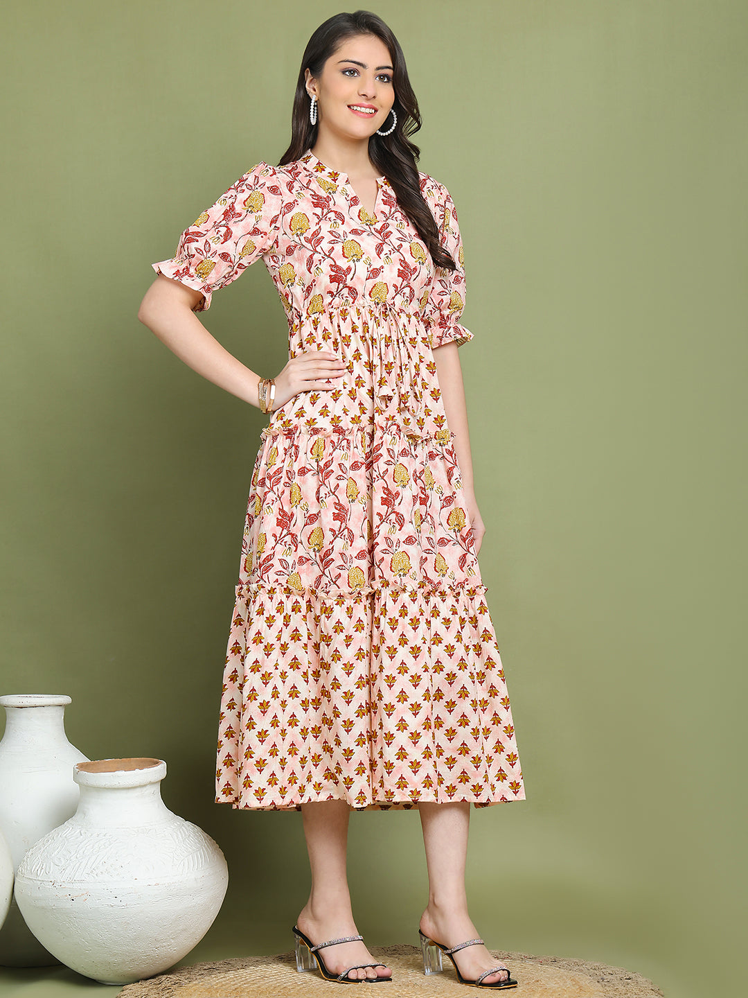 Pink Colour Floral Printed Cotton Dress For Women