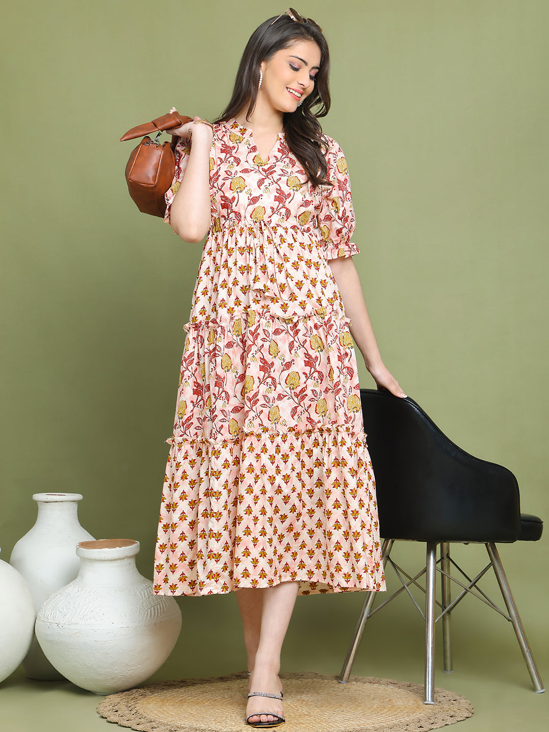 Pink Colour Floral Printed Cotton Dress For Women