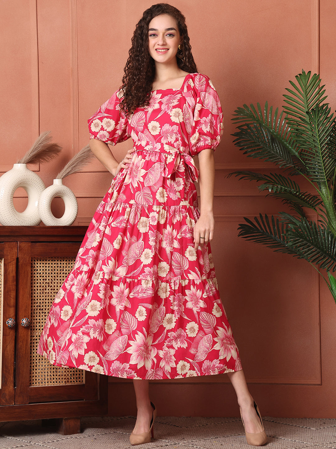 Pink Color Floral Printed Cotton Ethnic Dress
