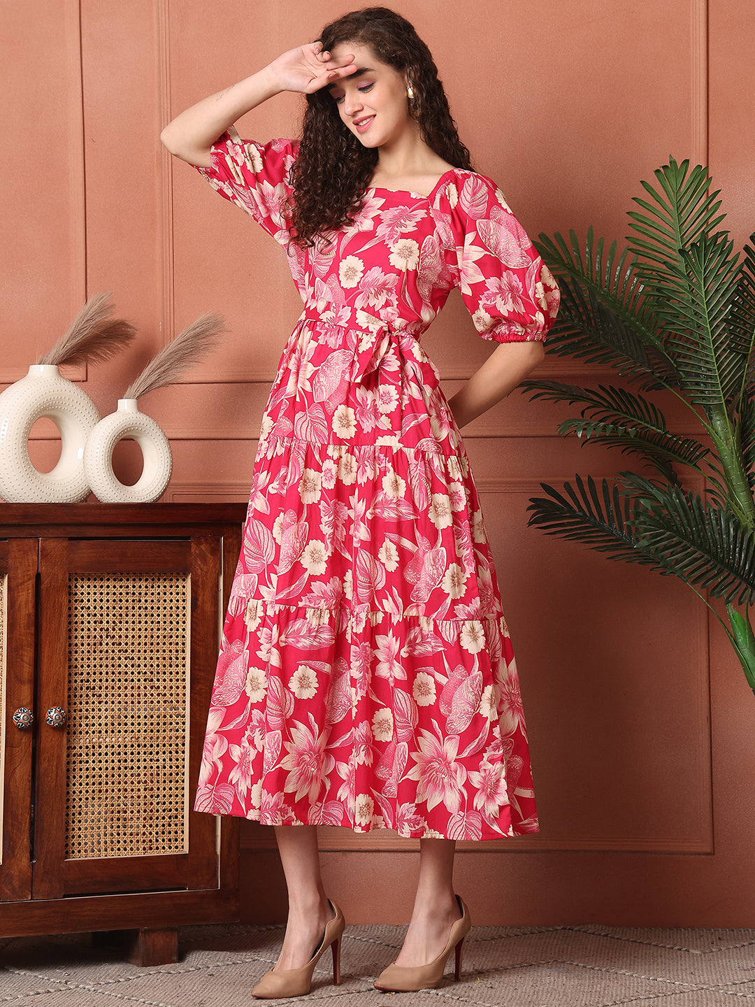 Pink Color Floral Printed Cotton Ethnic Dress