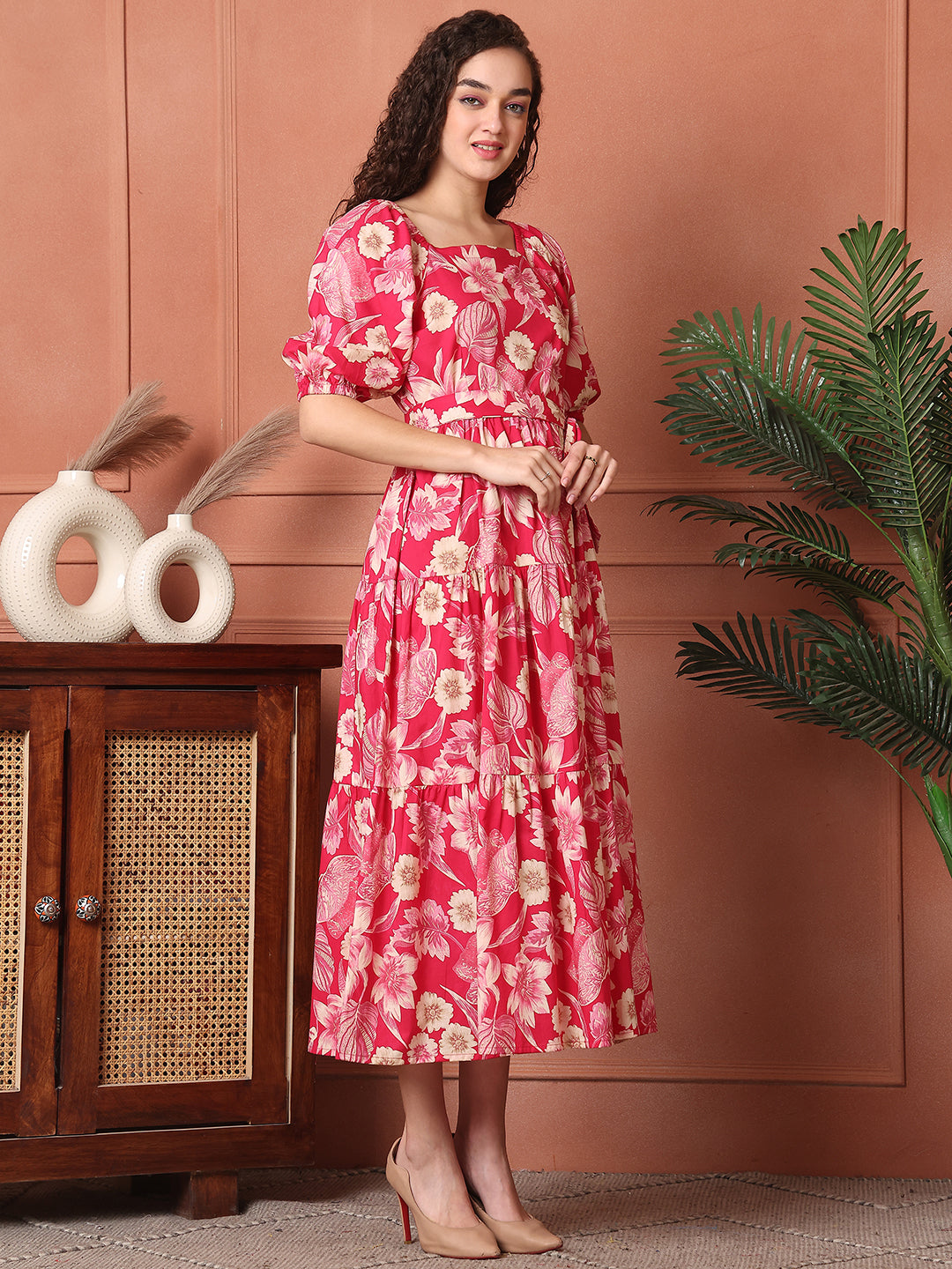 Pink Color Floral Printed Cotton Ethnic Dress