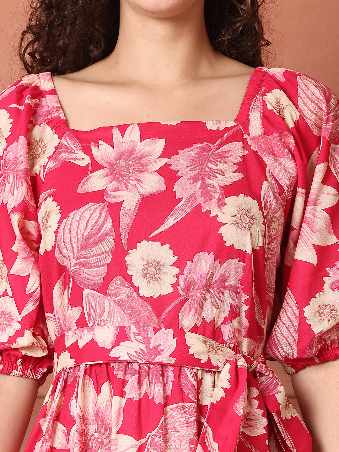 Pink Color Floral Printed Cotton Ethnic Dress