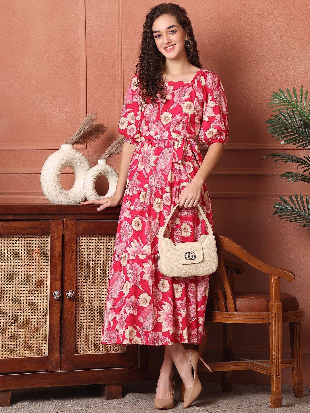 Pink Color Floral Printed Cotton Ethnic Dress