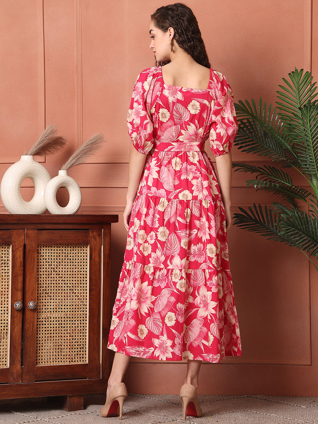 Pink Color Floral Printed Cotton Ethnic Dress