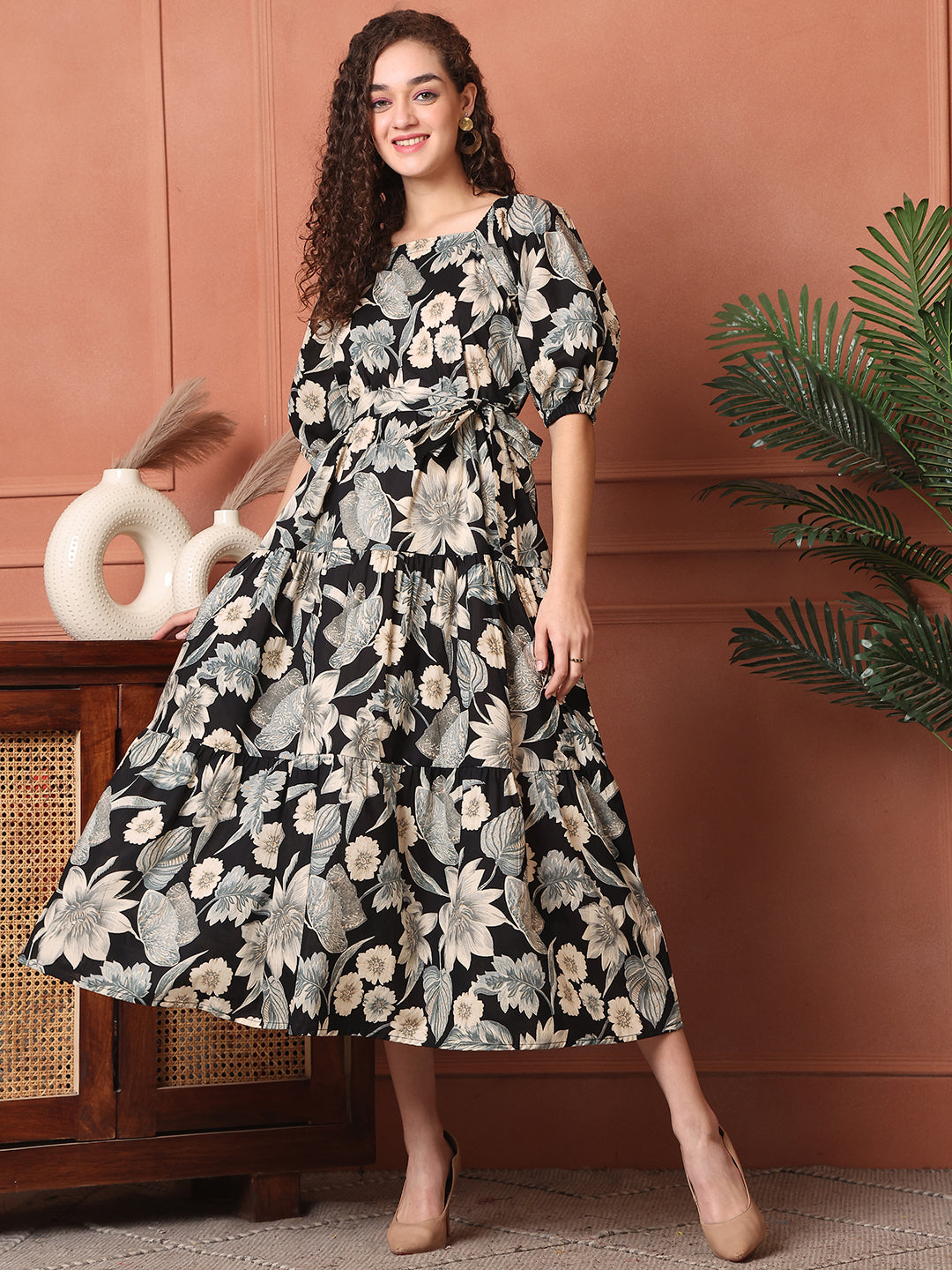 Black Colour Floral Printed Cotton Ethnic Dress