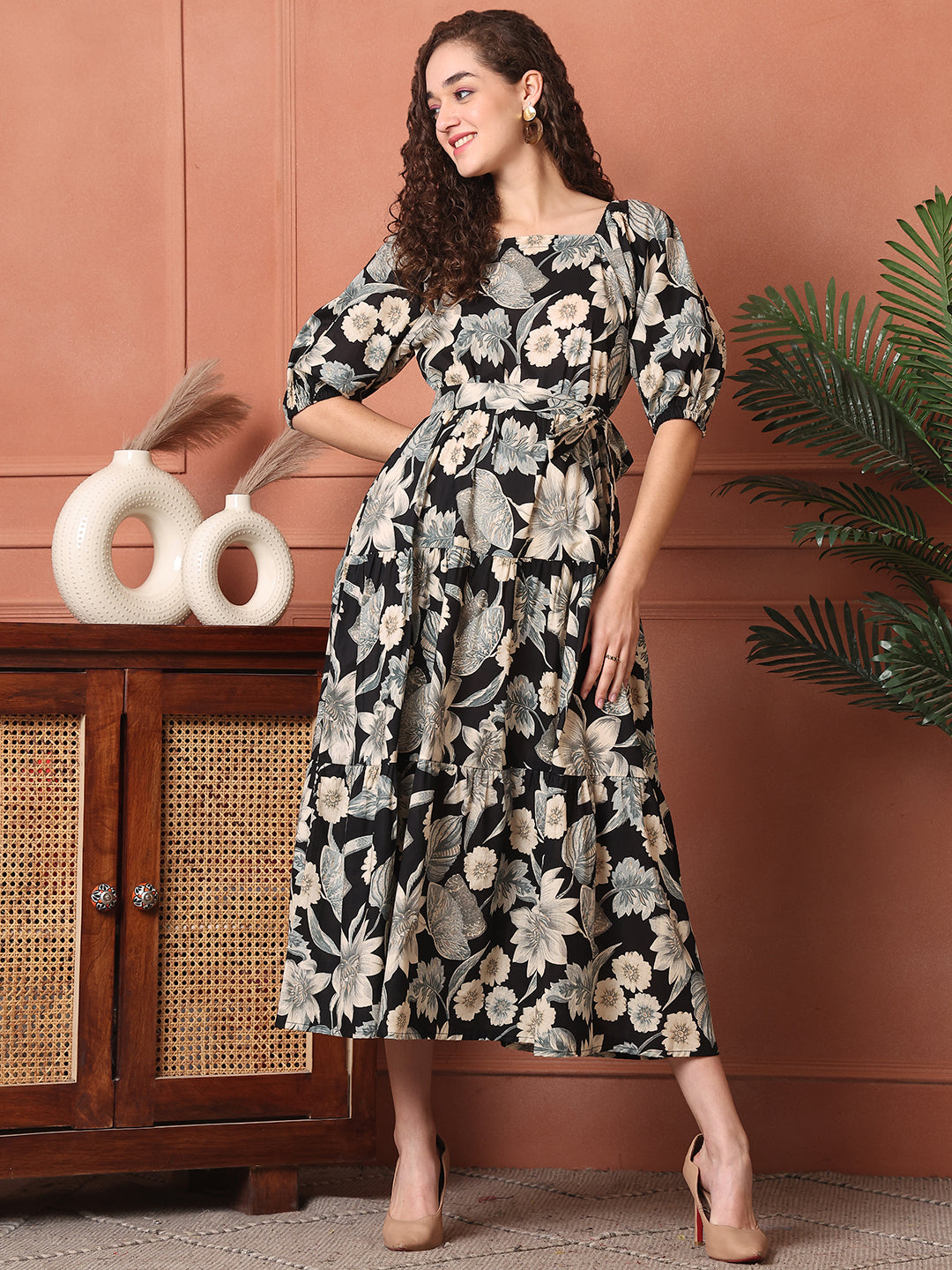 Black Colour Floral Printed Cotton Ethnic Dress