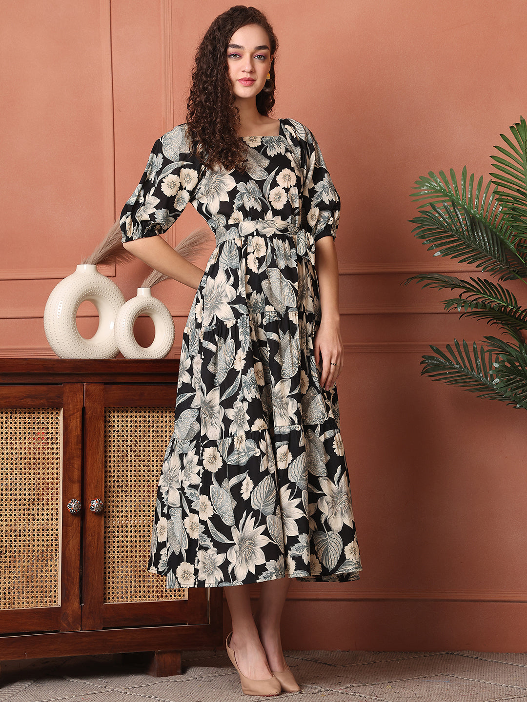 Black Colour Floral Printed Cotton Ethnic Dress