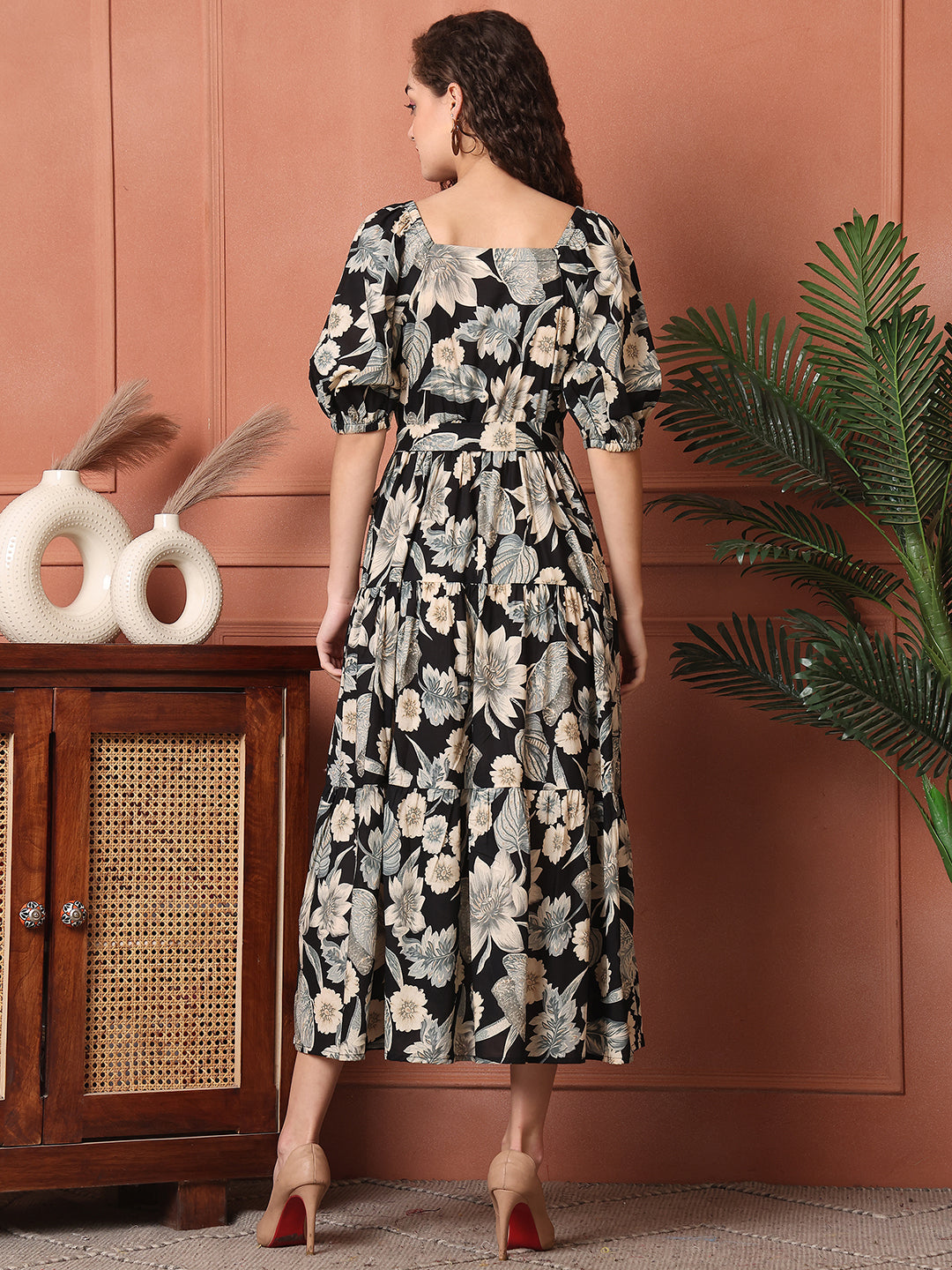 Black Colour Floral Printed Cotton Ethnic Dress