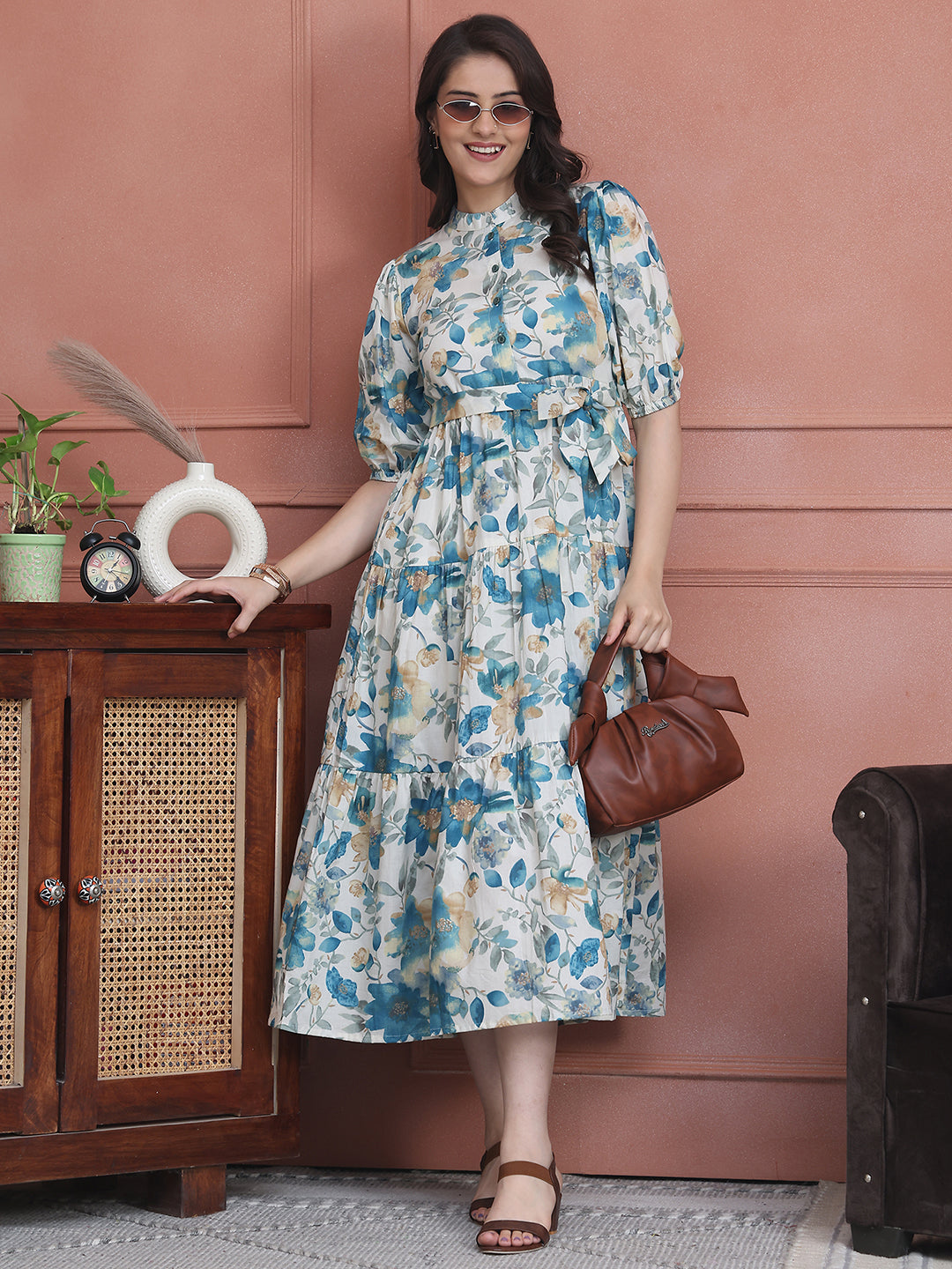Blue Colour Floral Printed Pure Cotton Dress For Women