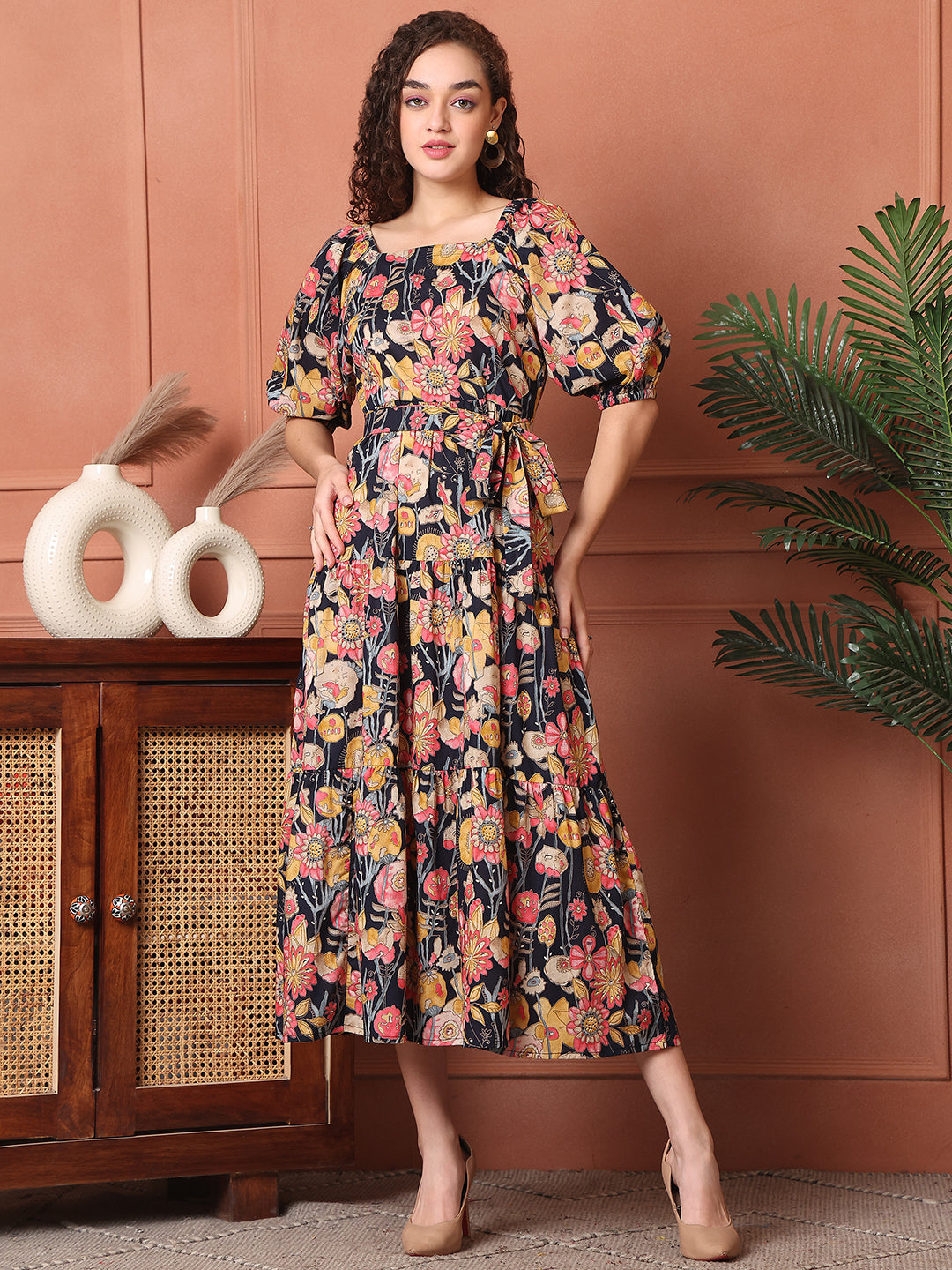 Multi Colour Floral Printed Cotton Ethnic Dress For Women