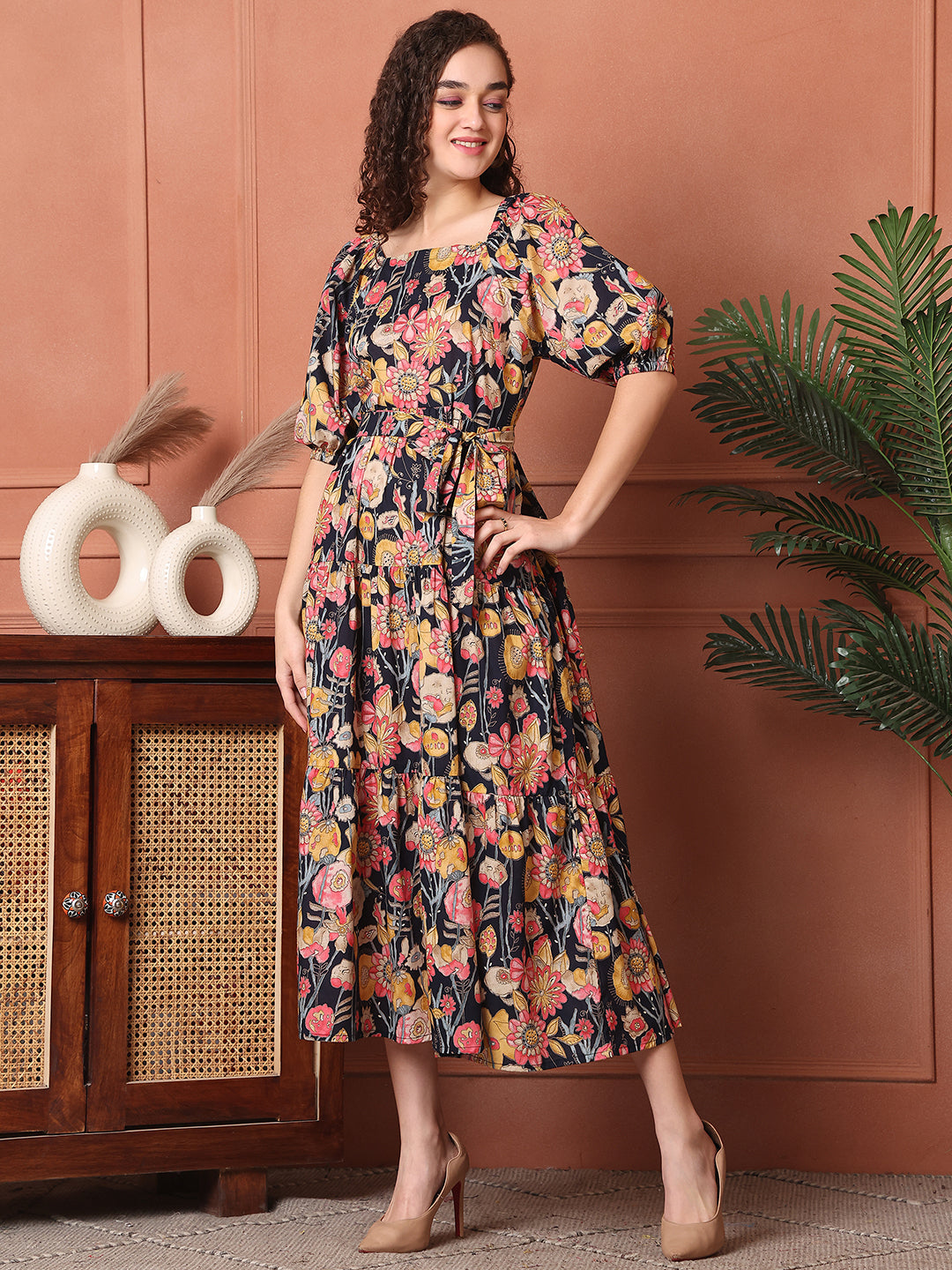 Multi Colour Floral Printed Cotton Ethnic Dress For Women