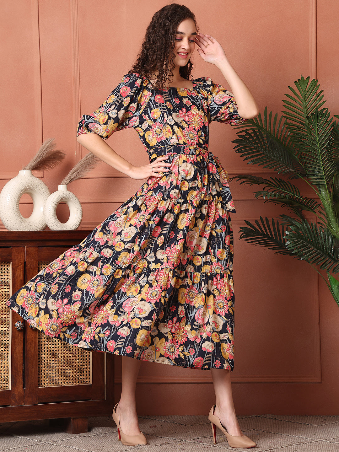 Multi Colour Floral Printed Cotton Ethnic Dress For Women