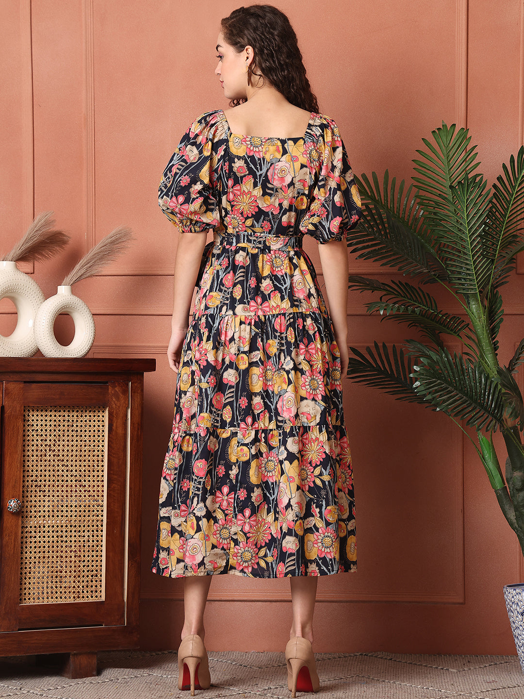 Multi Colour Floral Printed Cotton Ethnic Dress For Women
