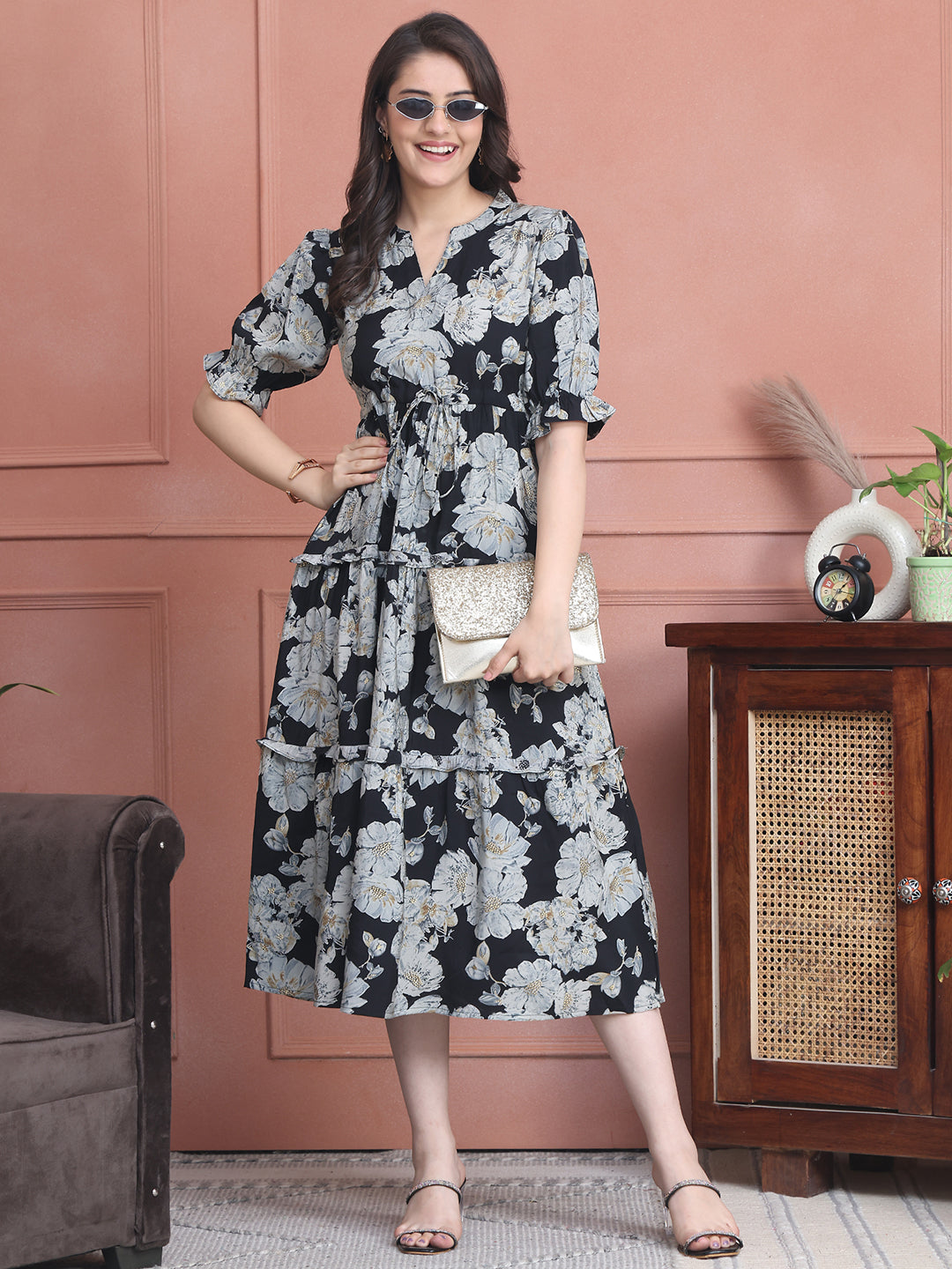 Black Colour Floral Printed Premium Chanderi Dress For Women