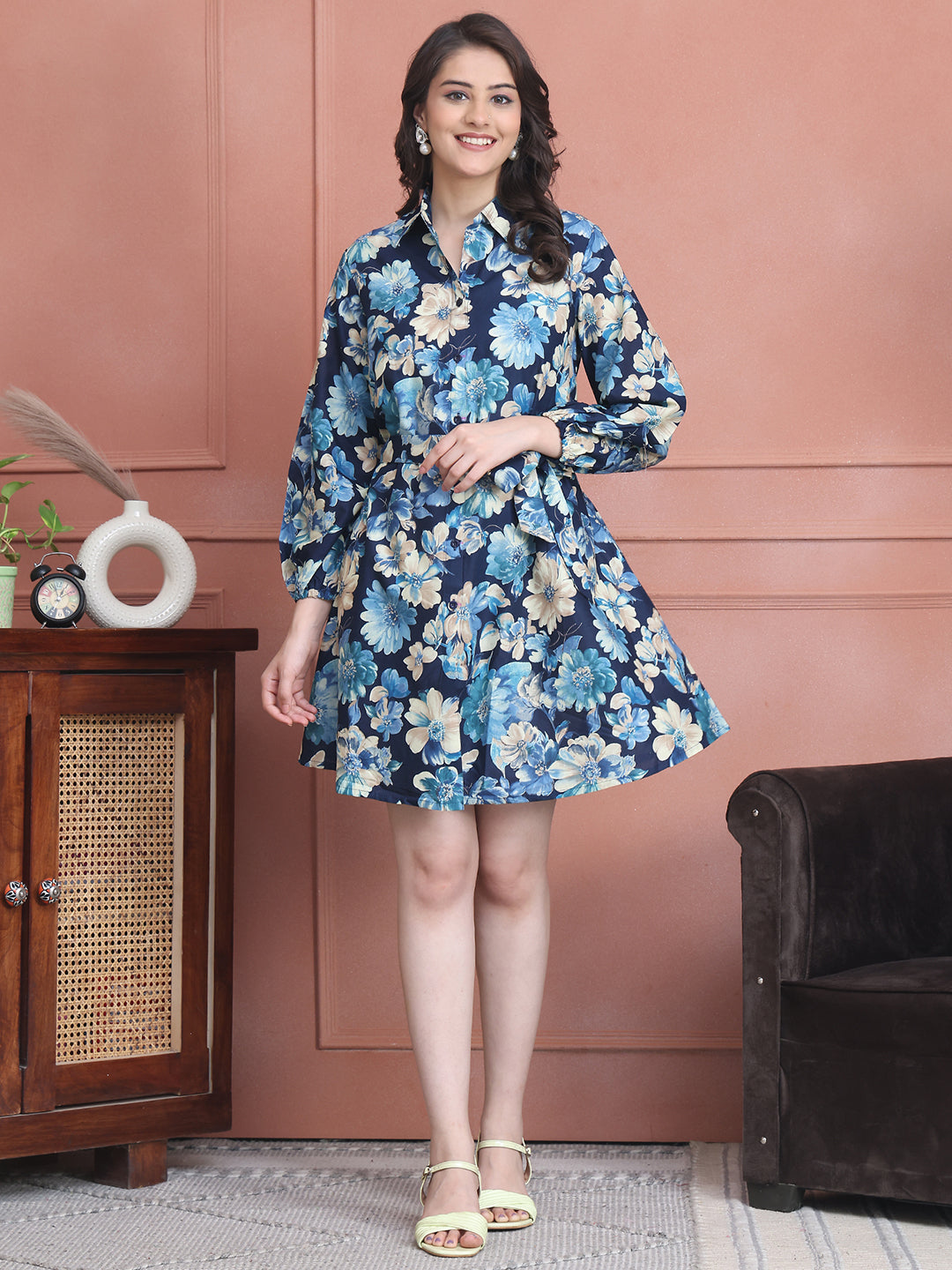 Blue Colour Floral Printed Cotton Dress For Women