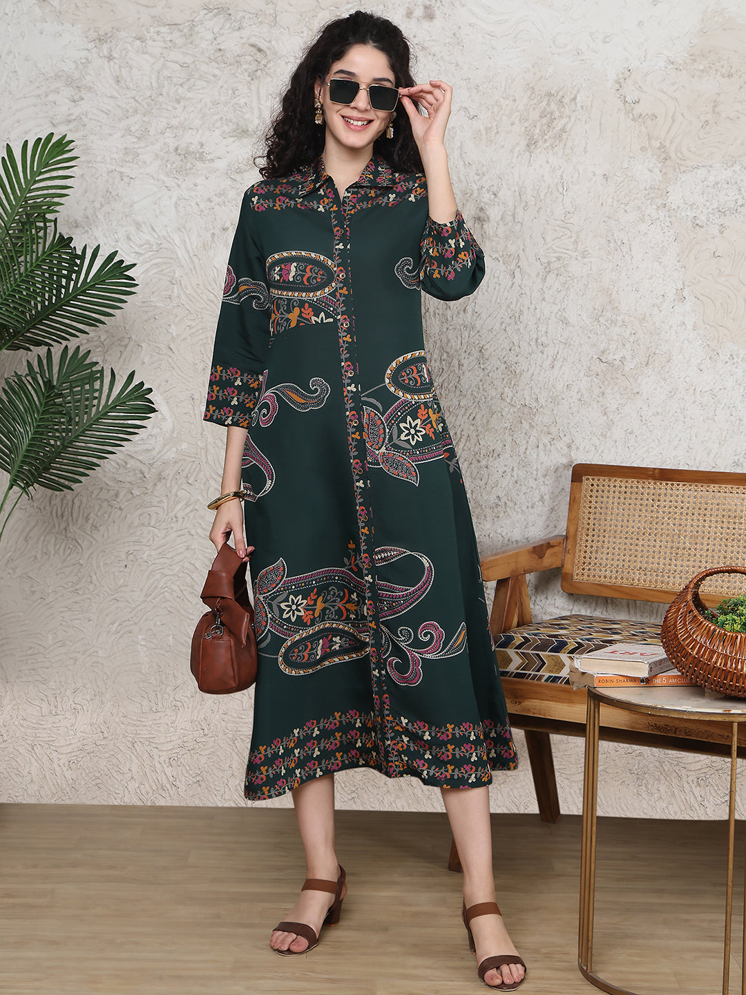 Green Colour Floral Printed Premium Chanderi Dress For Women