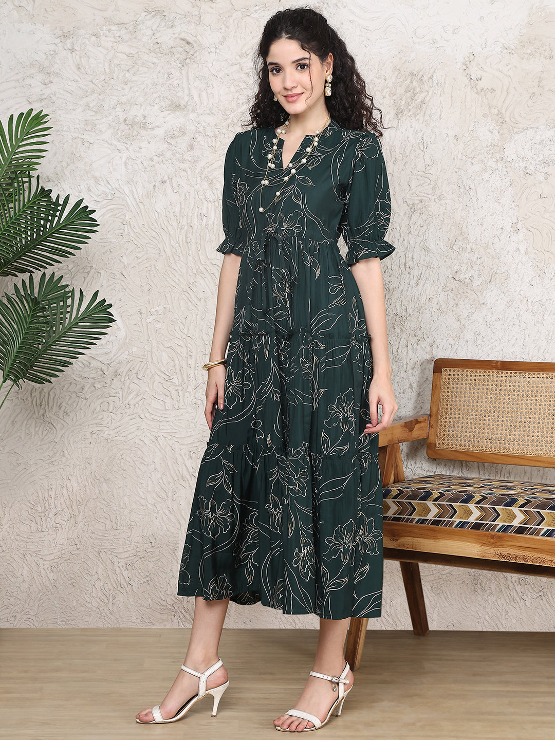 Green Colour Floral Printed Premium Chanderi Dress For Women