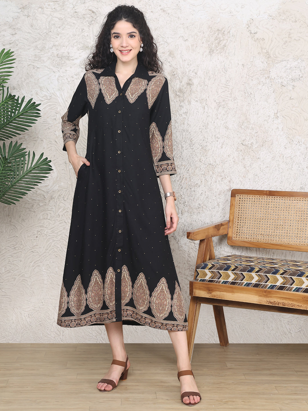 Black Colour Ethnic Motifs Printed Viscose Rayon Dress For Women