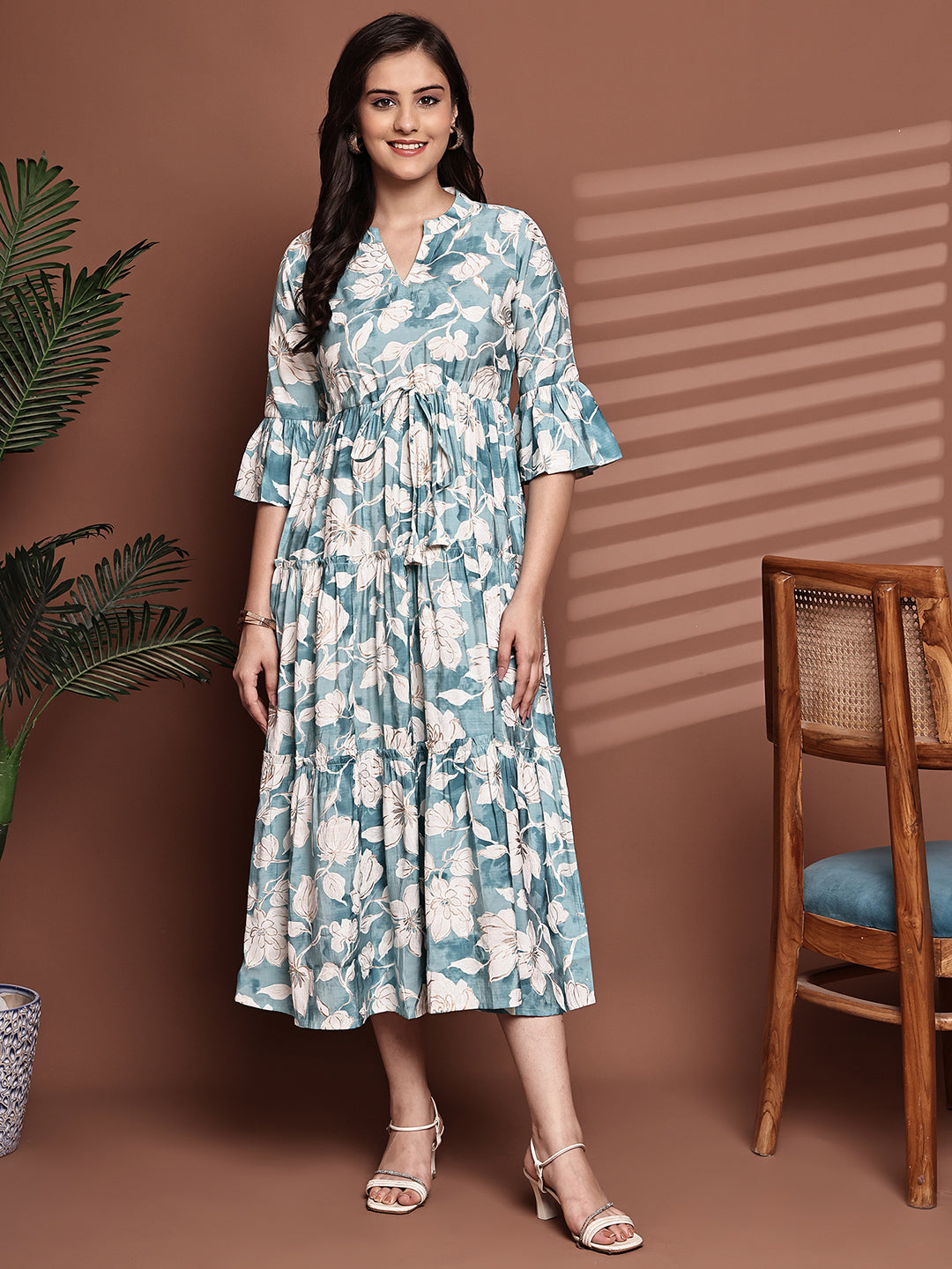 Blue Colour Floral Printed Premium Chanderi Dress For Women