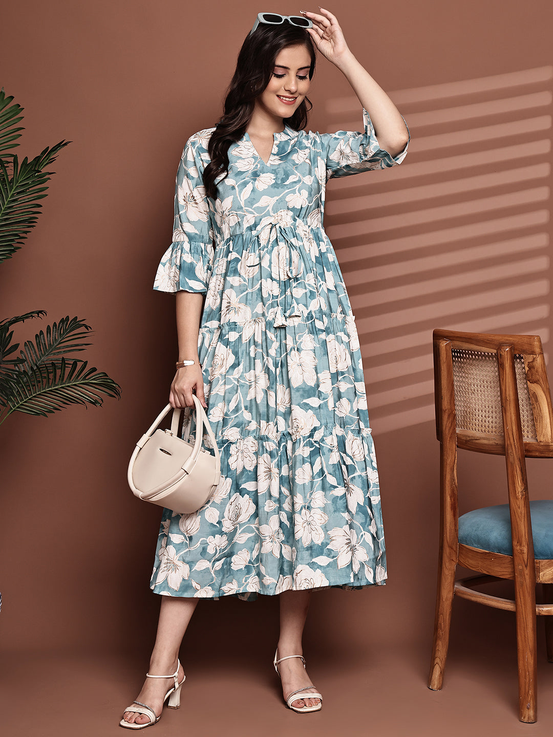 Blue Colour Floral Printed Premium Chanderi Dress For Women