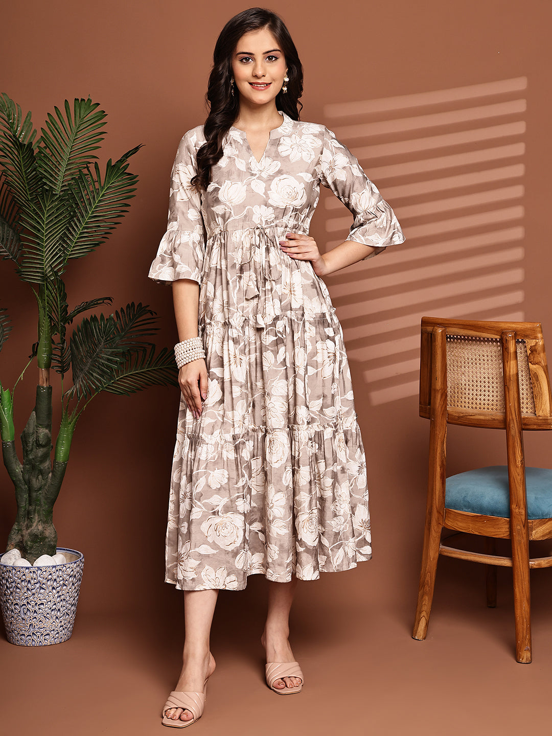 Cream Colour Floral Printed Premium Chanderi Dress For Women