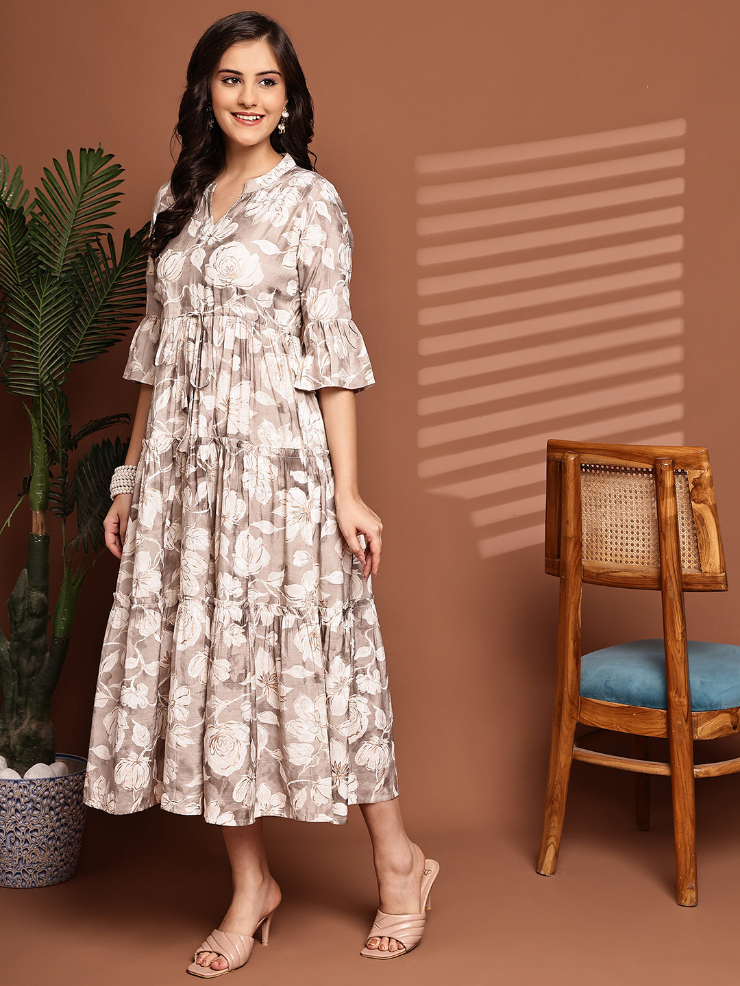 Cream Colour Floral Printed Premium Chanderi Dress For Women