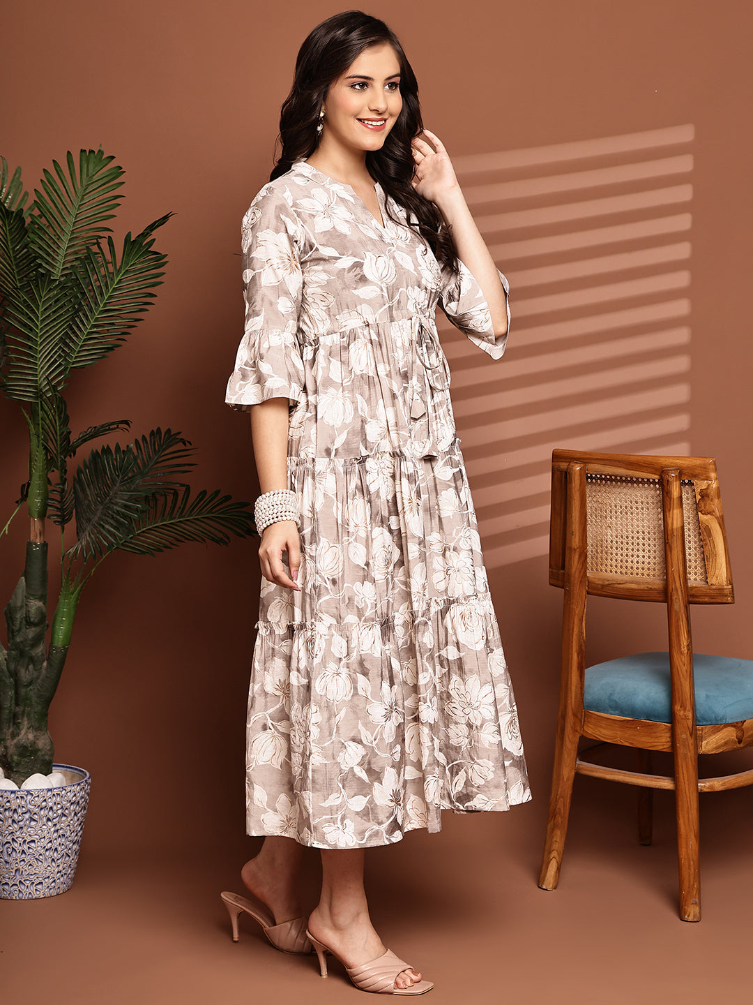 Cream Colour Floral Printed Premium Chanderi Dress For Women