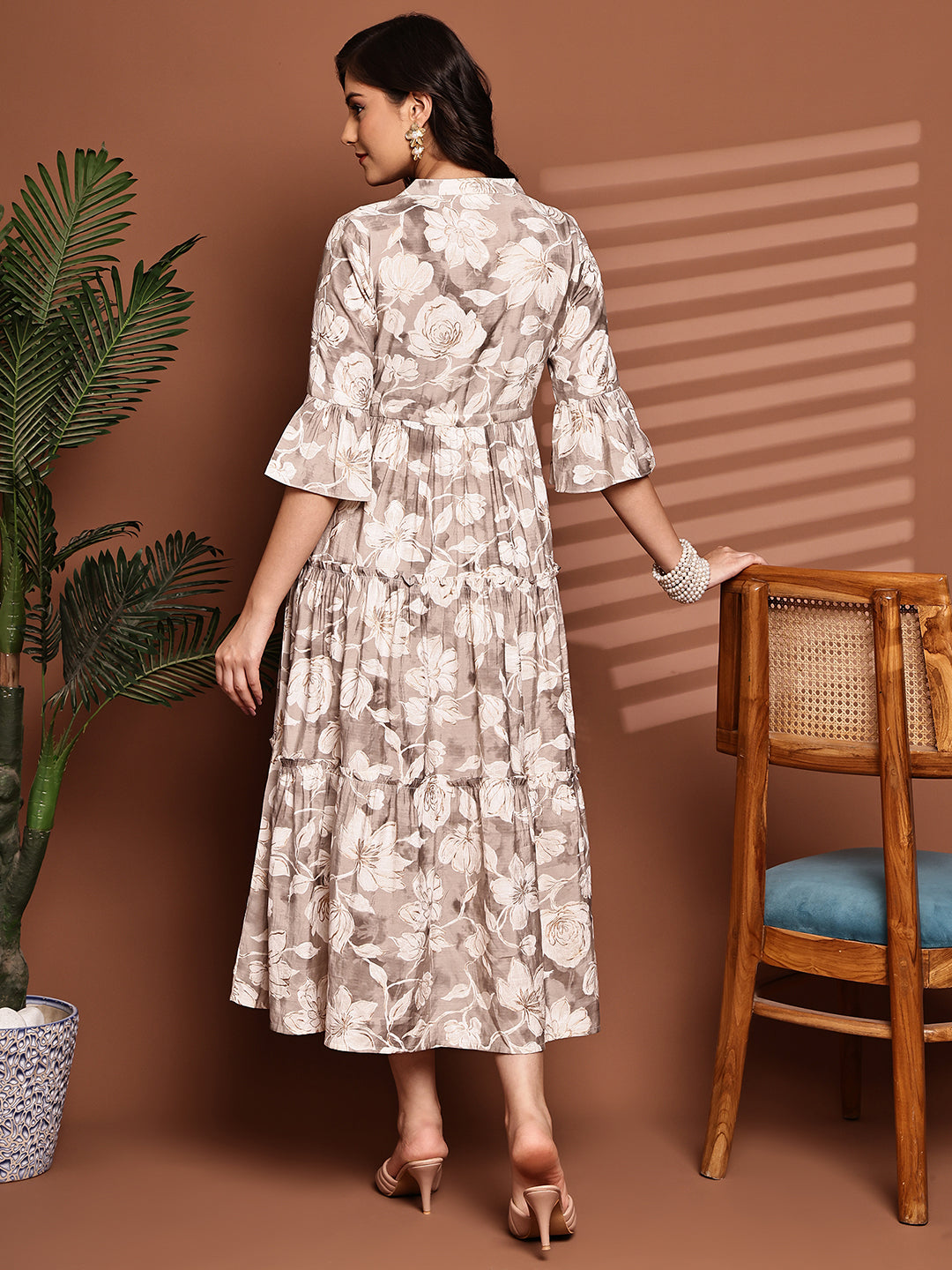 Cream Colour Floral Printed Premium Chanderi Dress For Women