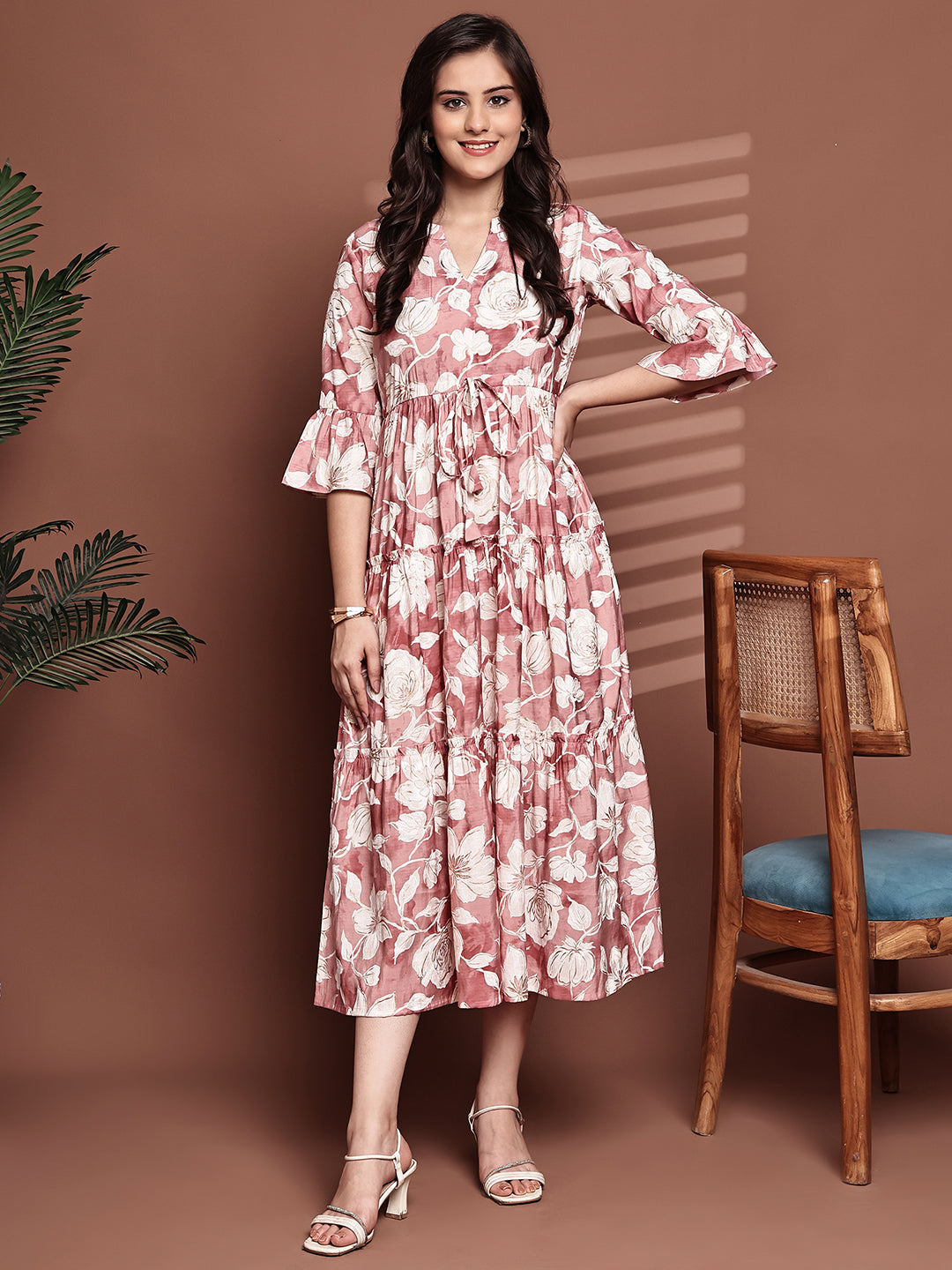 Pink Colour Floral Printed Premium Chanderi Dress For Women