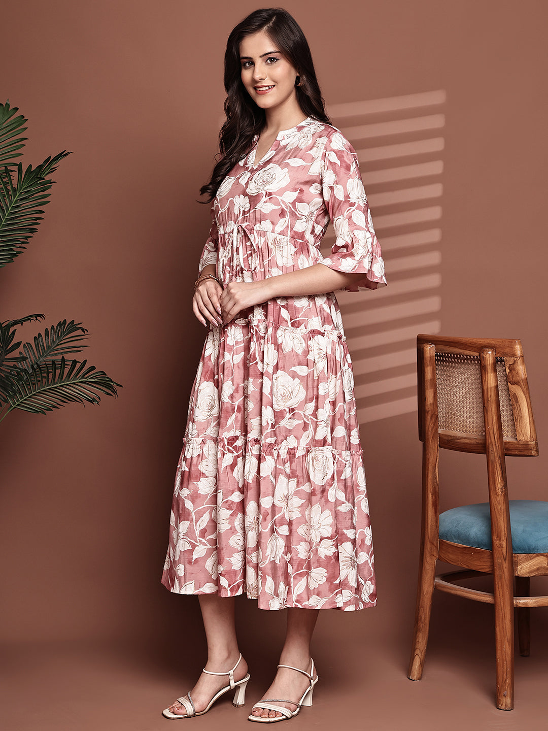 Pink Colour Floral Printed Premium Chanderi Dress For Women