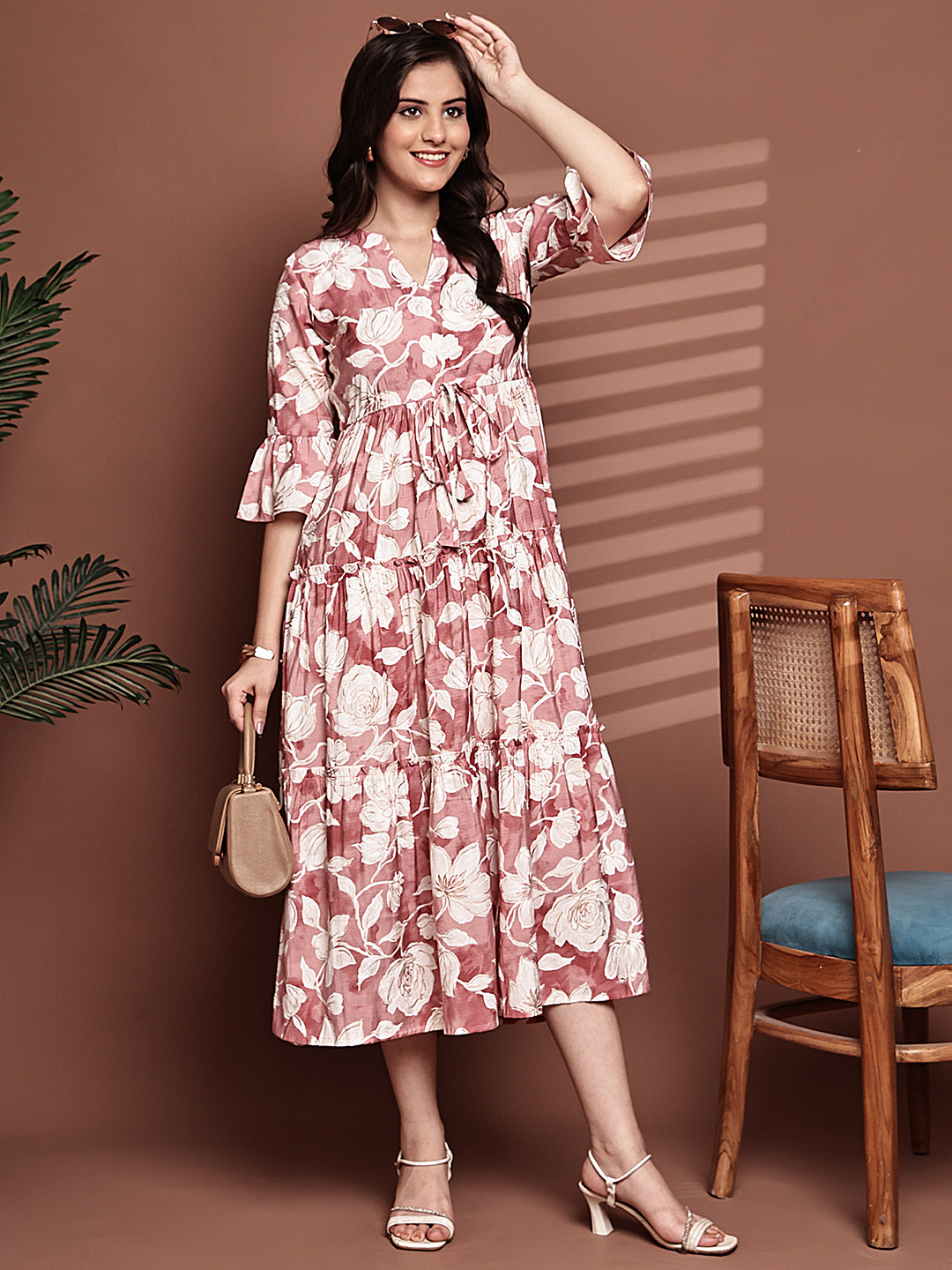 Pink Colour Floral Printed Premium Chanderi Dress For Women