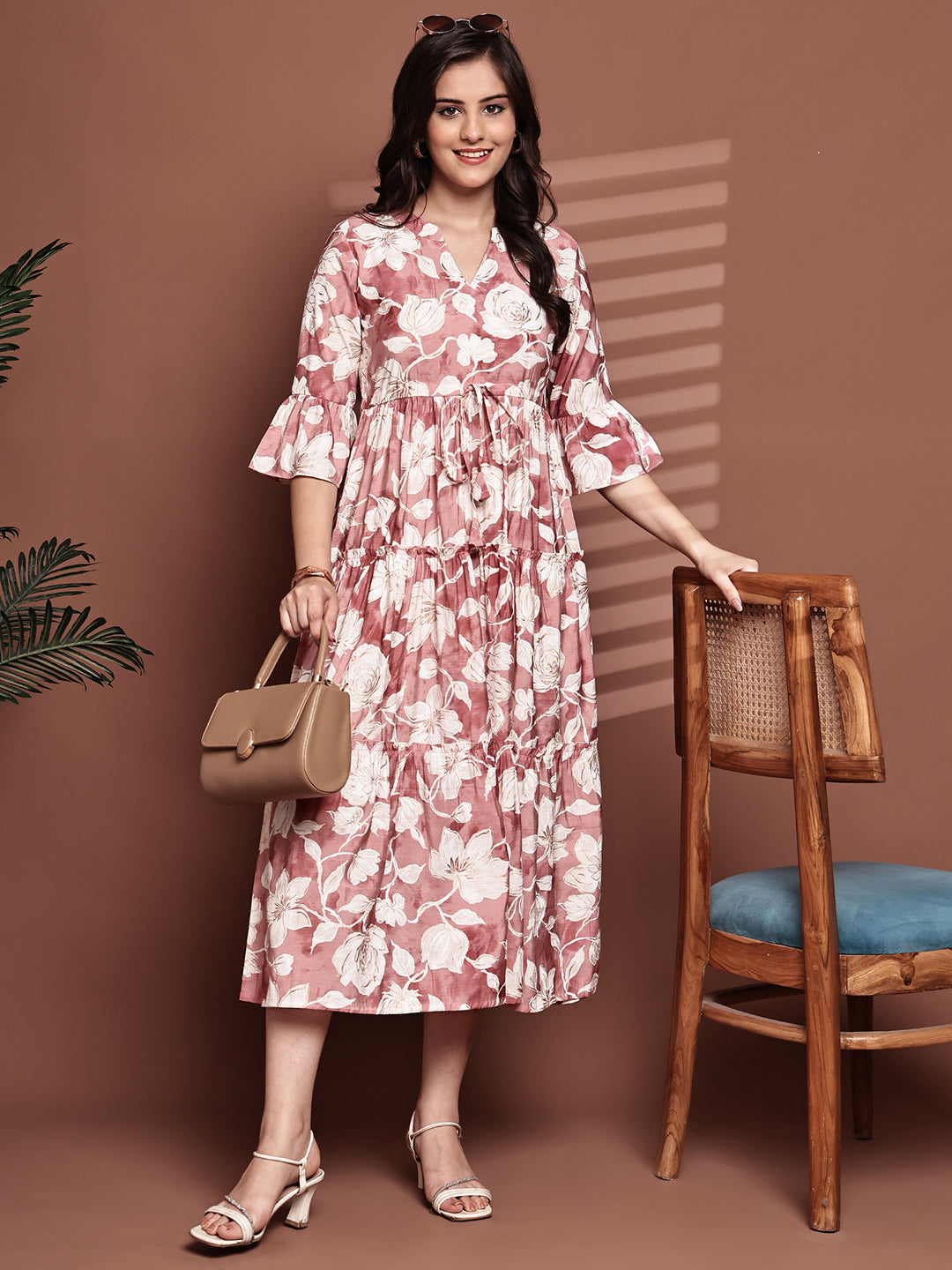Pink Colour Floral Printed Premium Chanderi Dress For Women
