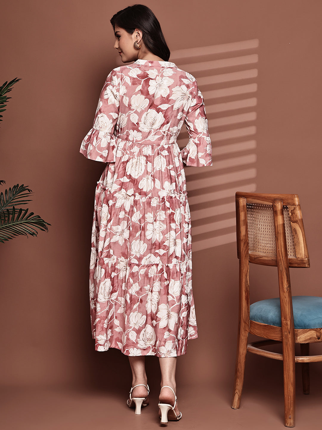 Pink Colour Floral Printed Premium Chanderi Dress For Women