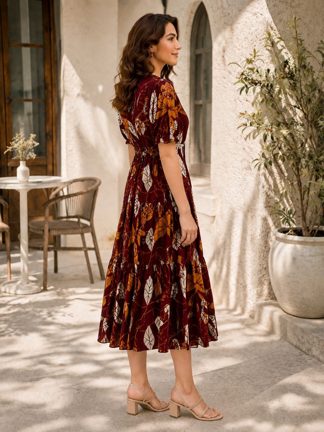 Maroon Chanderi Floral Printed Dress for Women | Claura