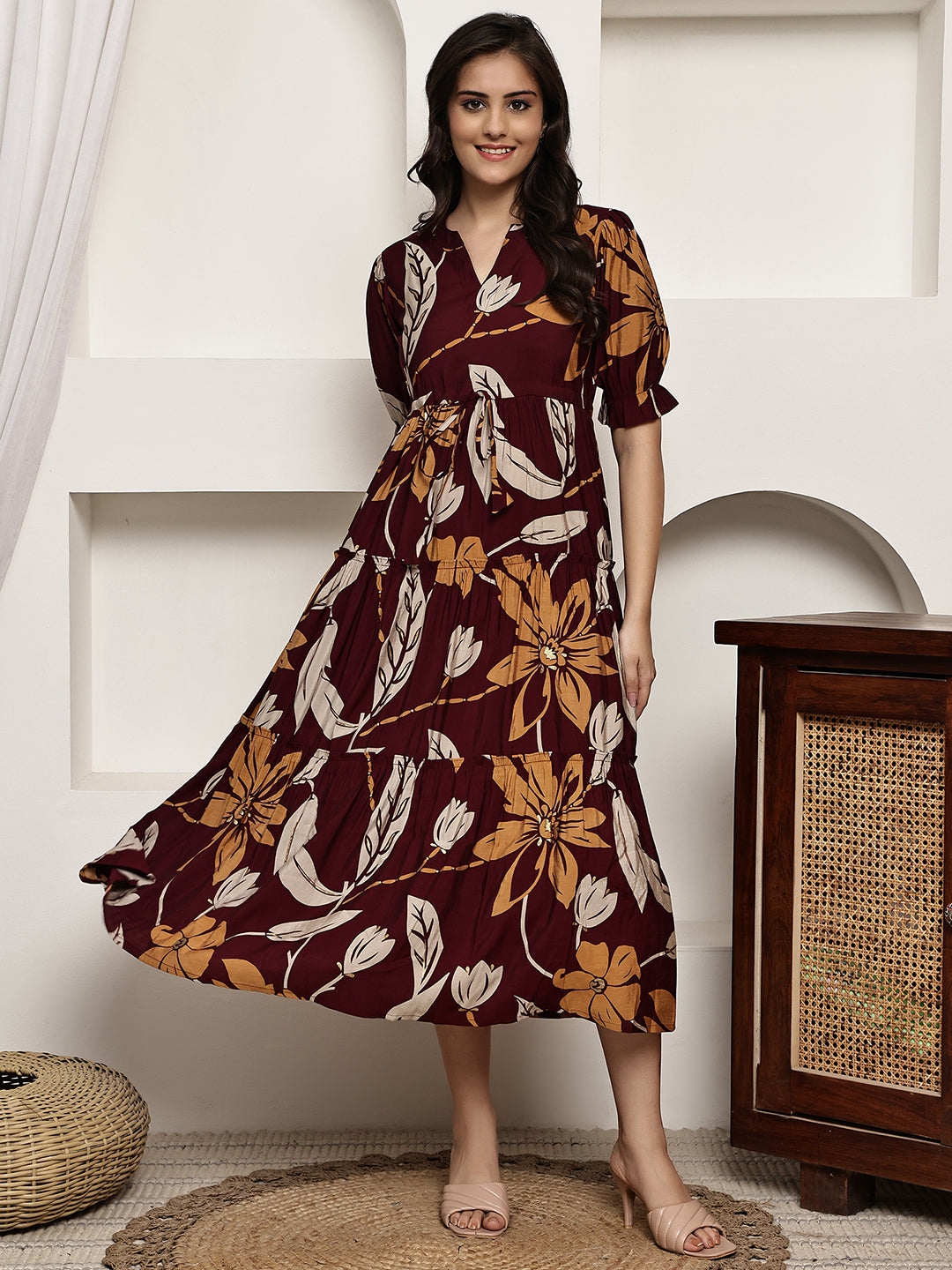 Maroon Colour Floral Printed Premium Chanderi Dress For Women