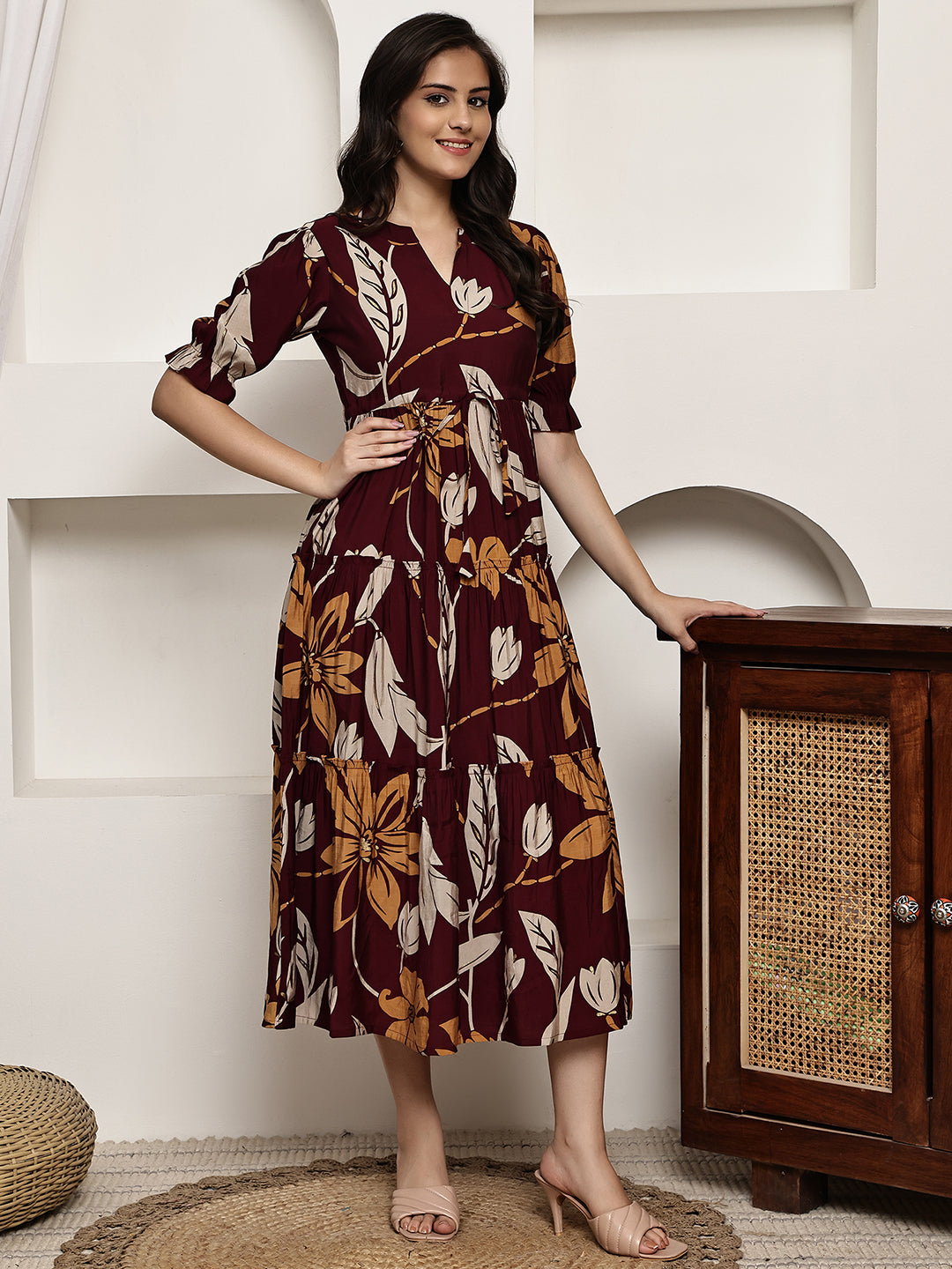 Maroon Colour Floral Printed Premium Chanderi Dress For Women
