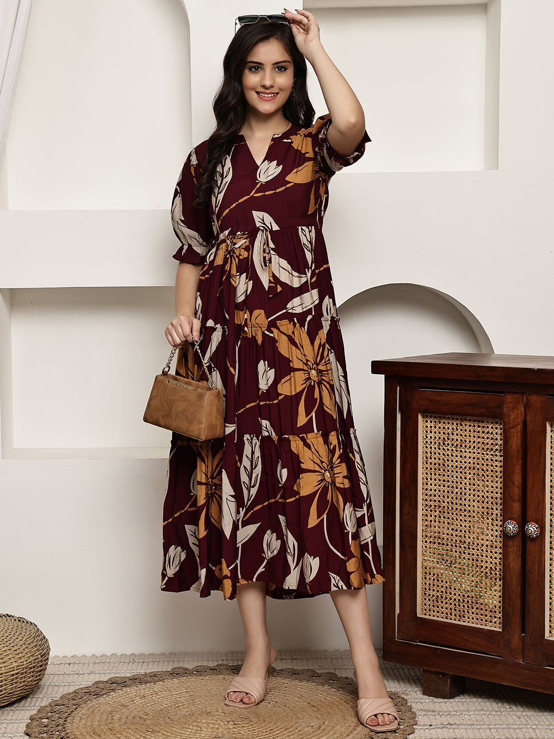 Maroon Colour Floral Printed Premium Chanderi Dress For Women