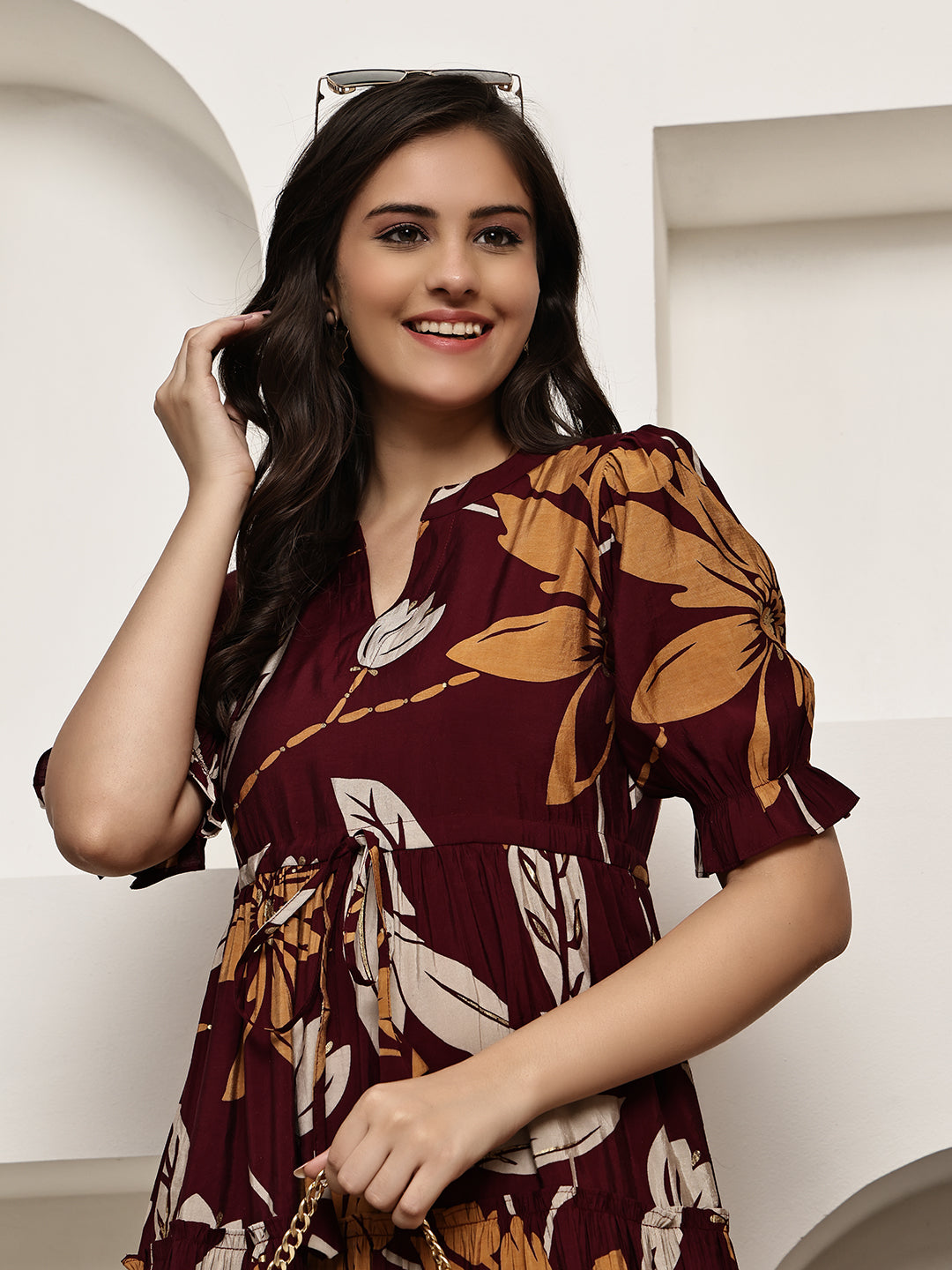 Maroon Colour Floral Printed Premium Chanderi Dress For Women