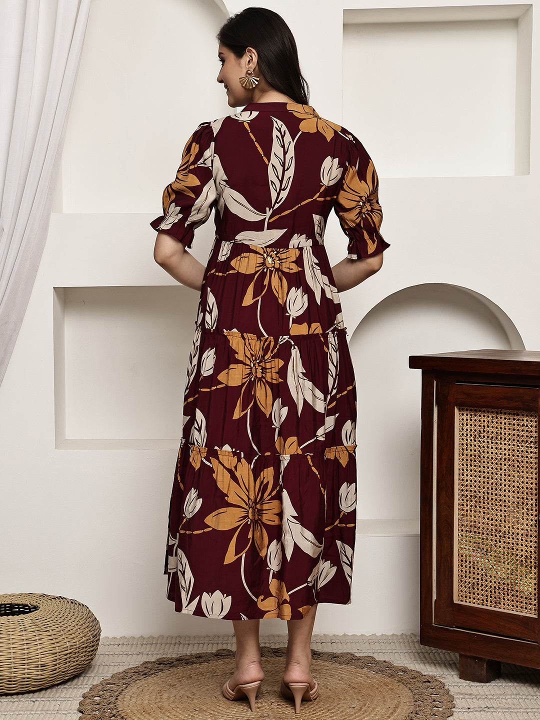 Maroon Colour Floral Printed Premium Chanderi Dress For Women