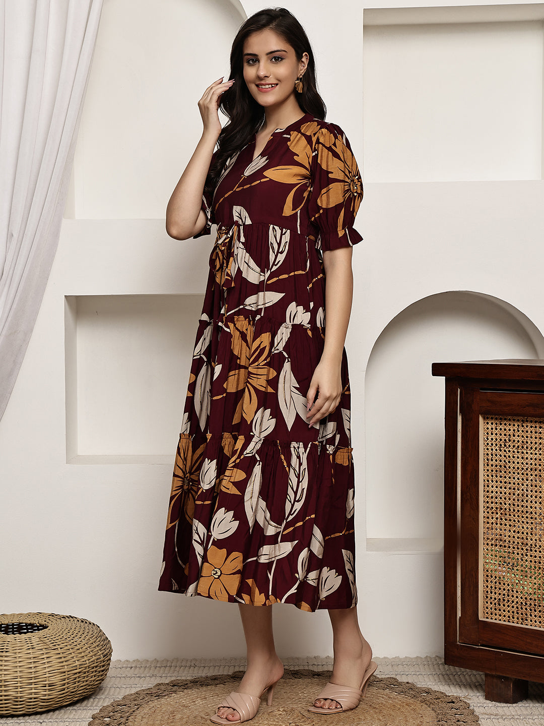 Maroon Colour Floral Printed Premium Chanderi Dress For Women