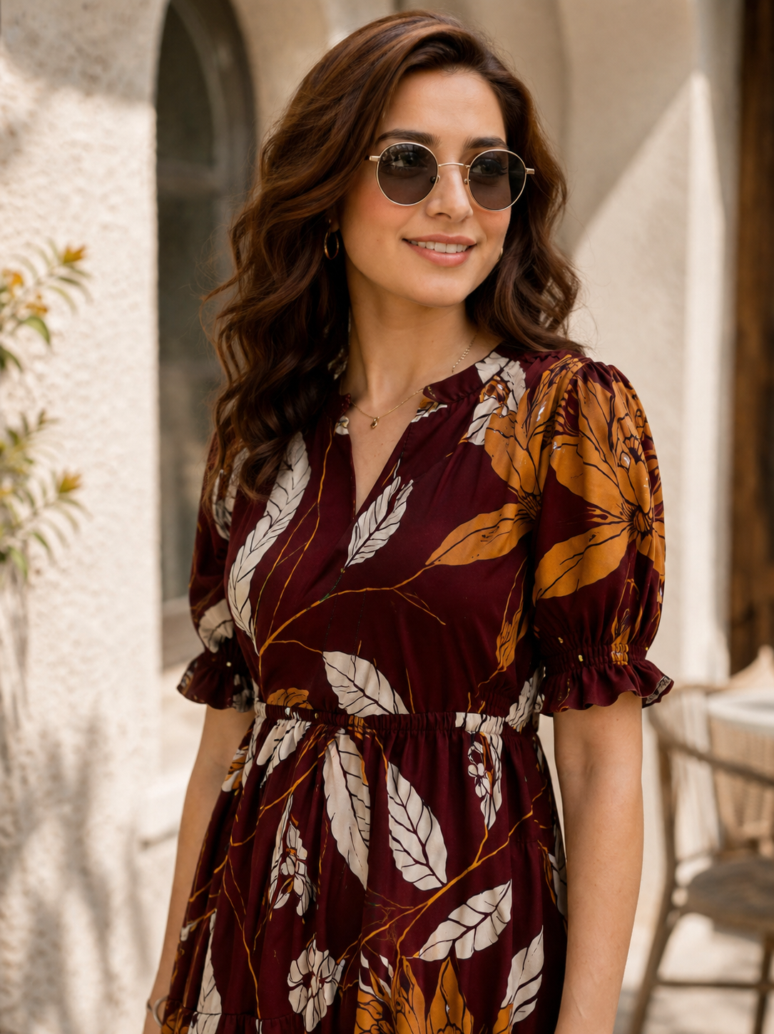 Maroon Chanderi Floral Printed Dress for Women | Claura