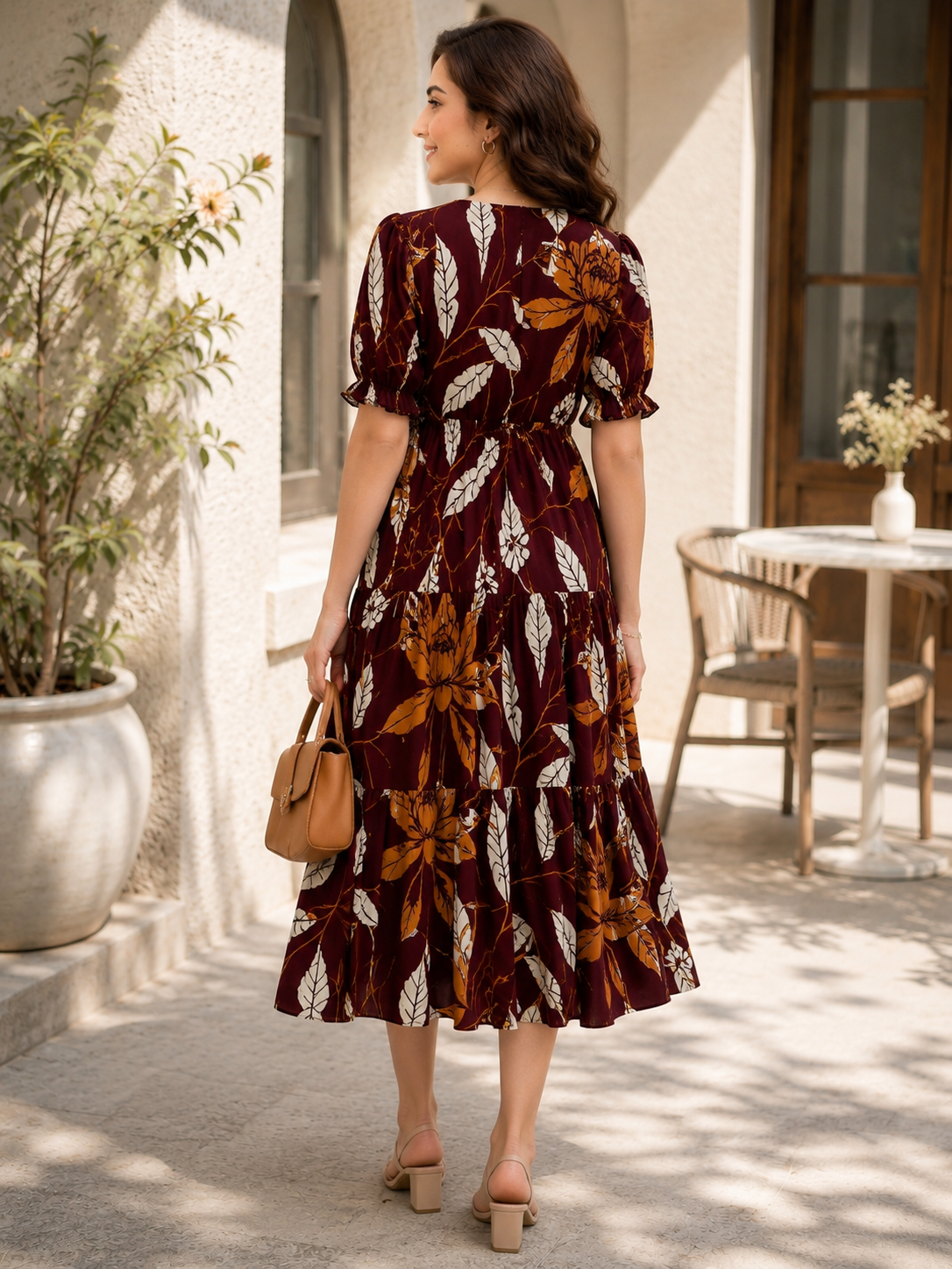 Maroon Chanderi Floral Printed Dress for Women | Claura