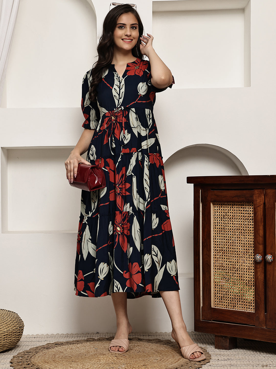 Navy Blue Colour Floral Printed Premium Chanderi Dress For Women