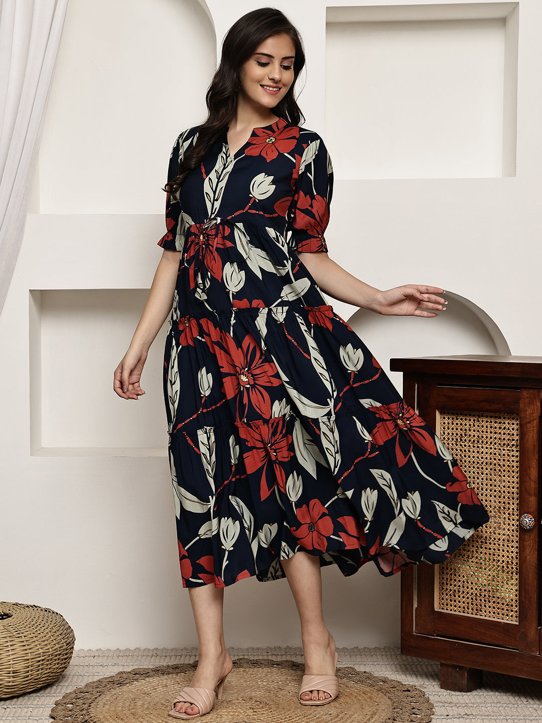 Navy Blue Colour Floral Printed Premium Chanderi Dress For Women