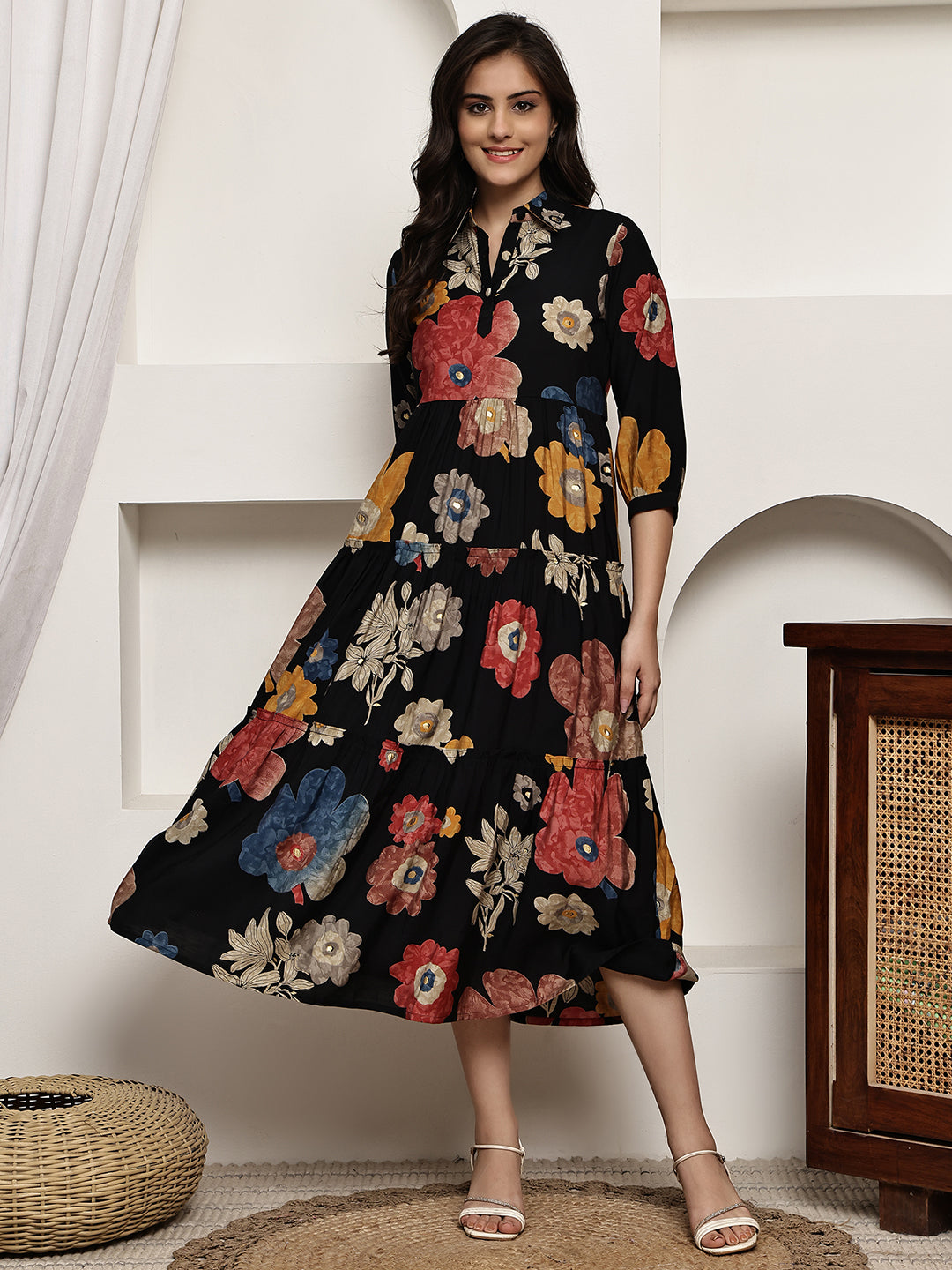 Black Colour Floral Printed Premium Chanderi Dress For Women
