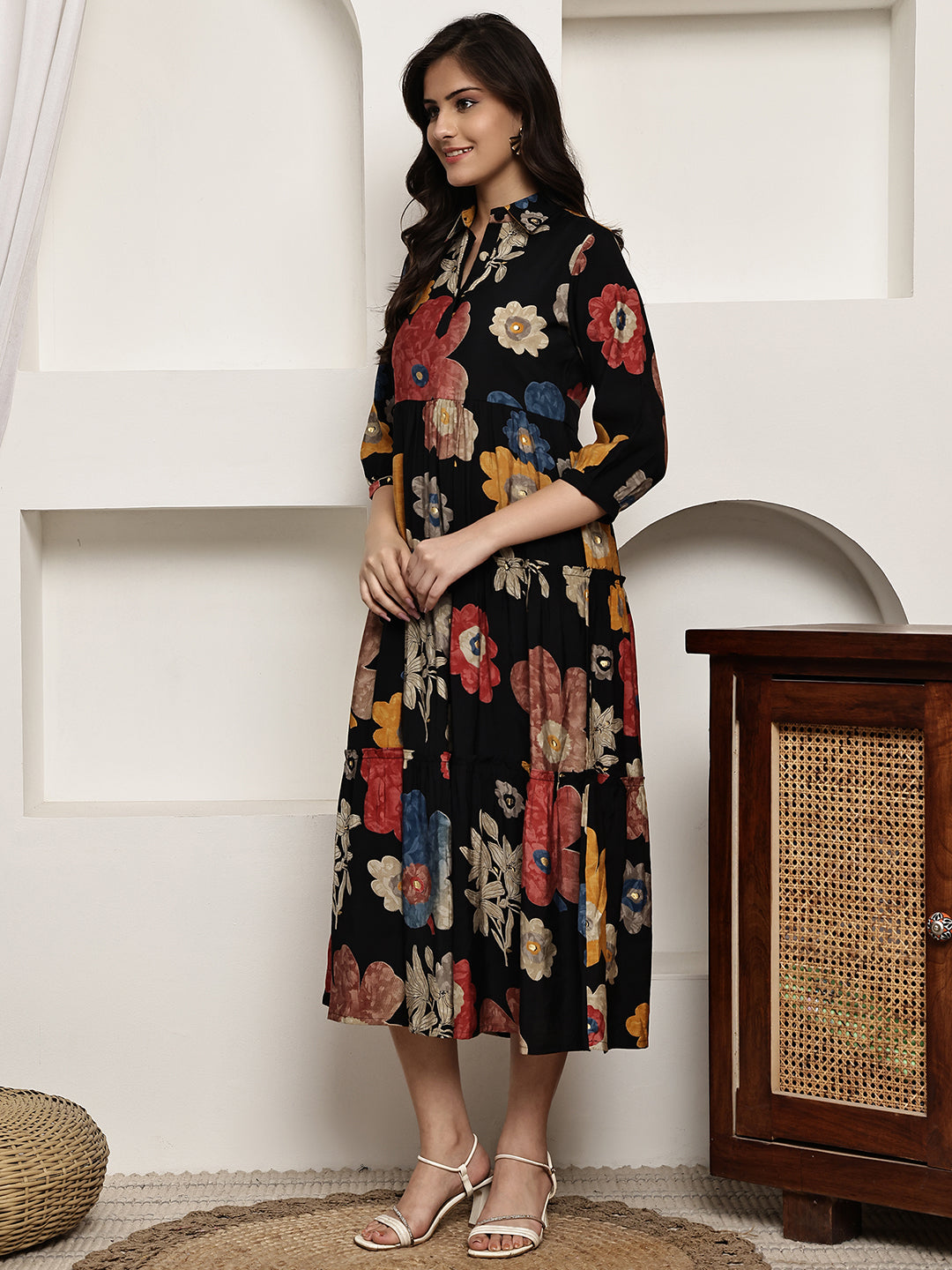 Black Colour Floral Printed Premium Chanderi Dress For Women
