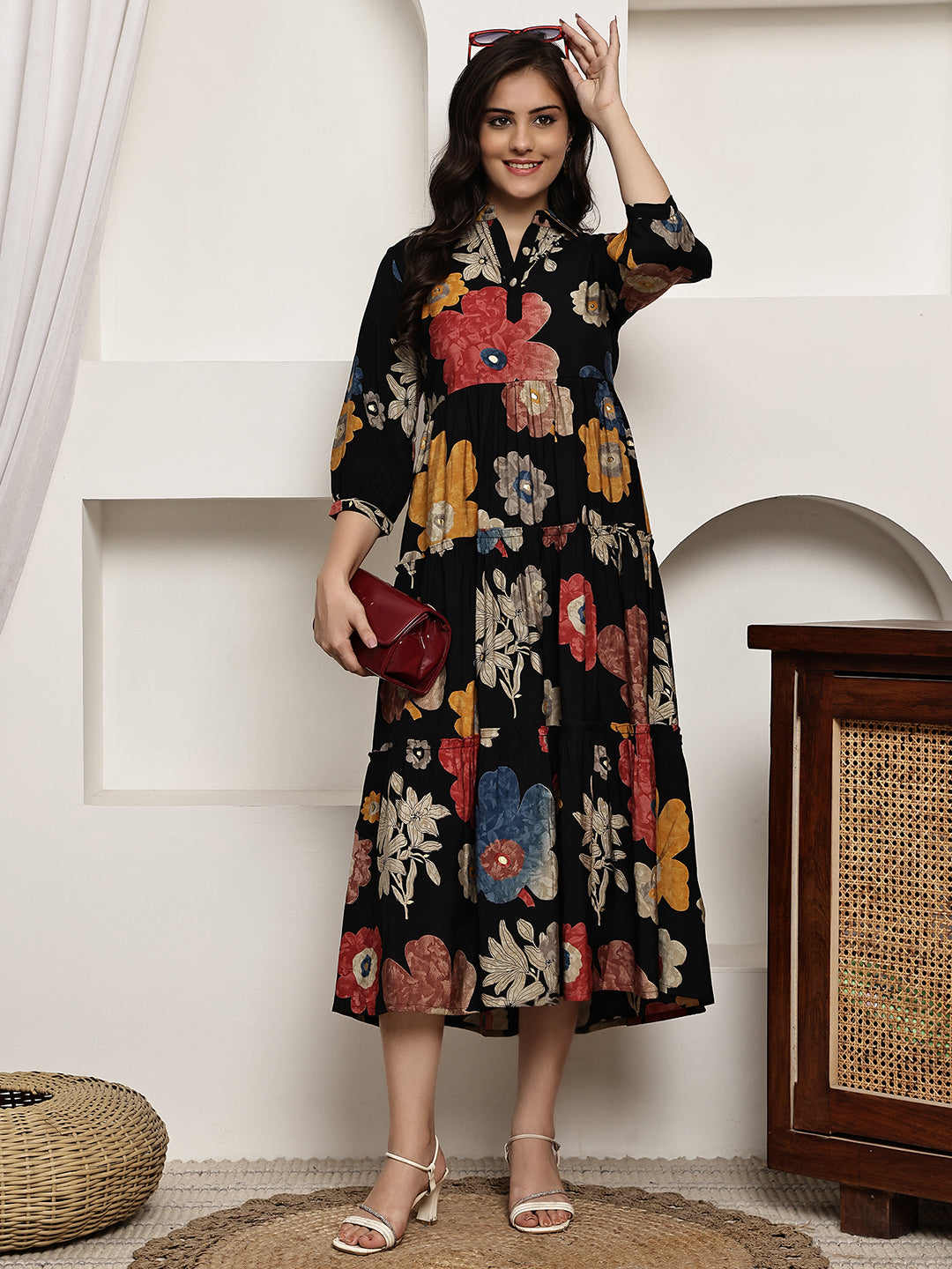 Black Colour Floral Printed Premium Chanderi Dress For Women